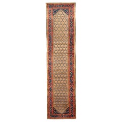 Antique Persian Sarab Runner Rug with Navy and Brown Floral Details