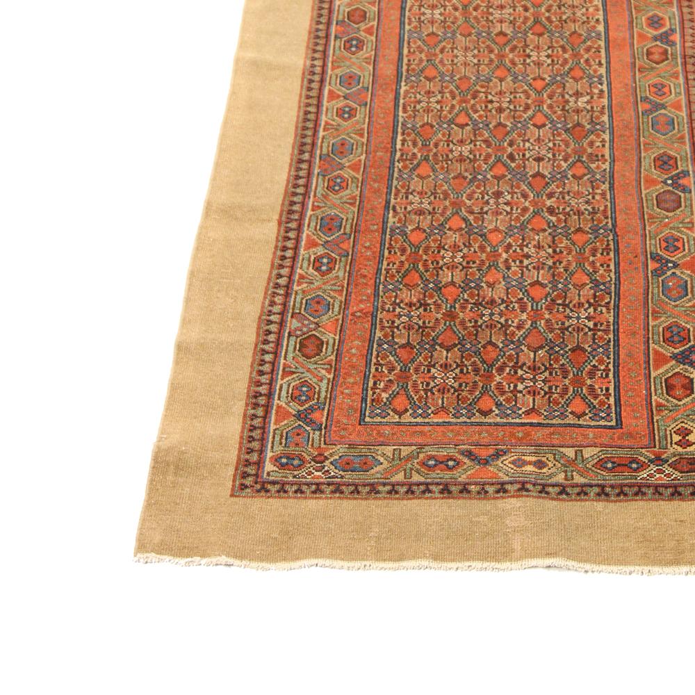 Hand-Woven Antique Persian Sarab Runner Rug with Navy and Brown Tribal Details For Sale