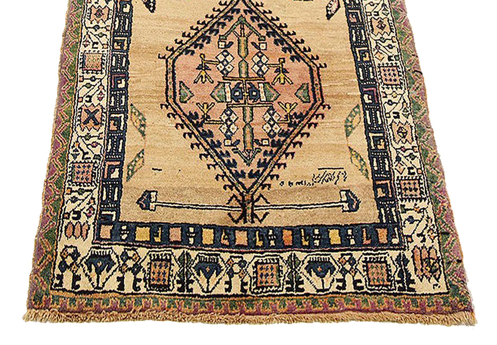 Hand-Woven Antique Persian Sarab Runner Rug with Navy and Pink Medallions