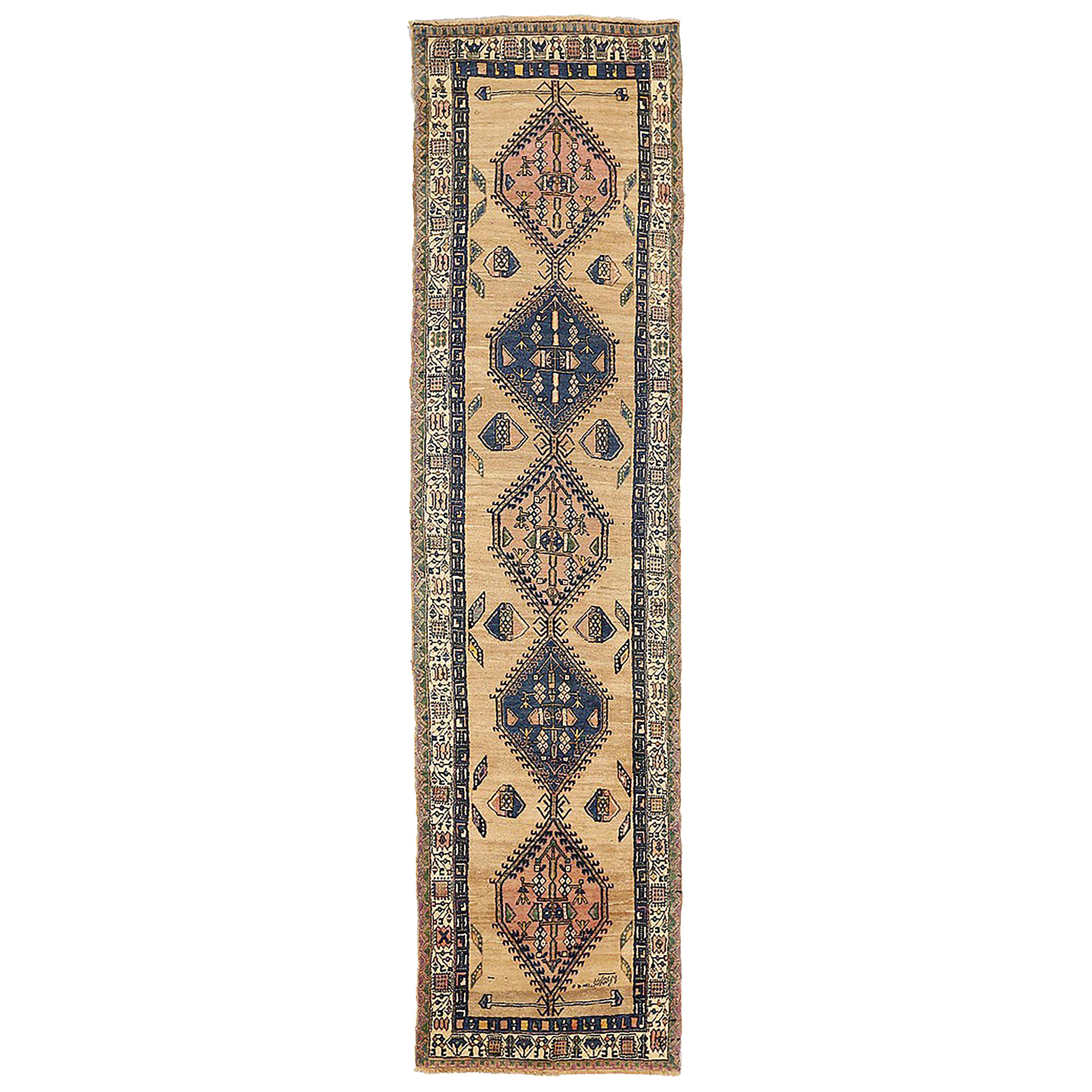 Antique Persian Sarab Runner Rug with Navy and Brown Floral Details For