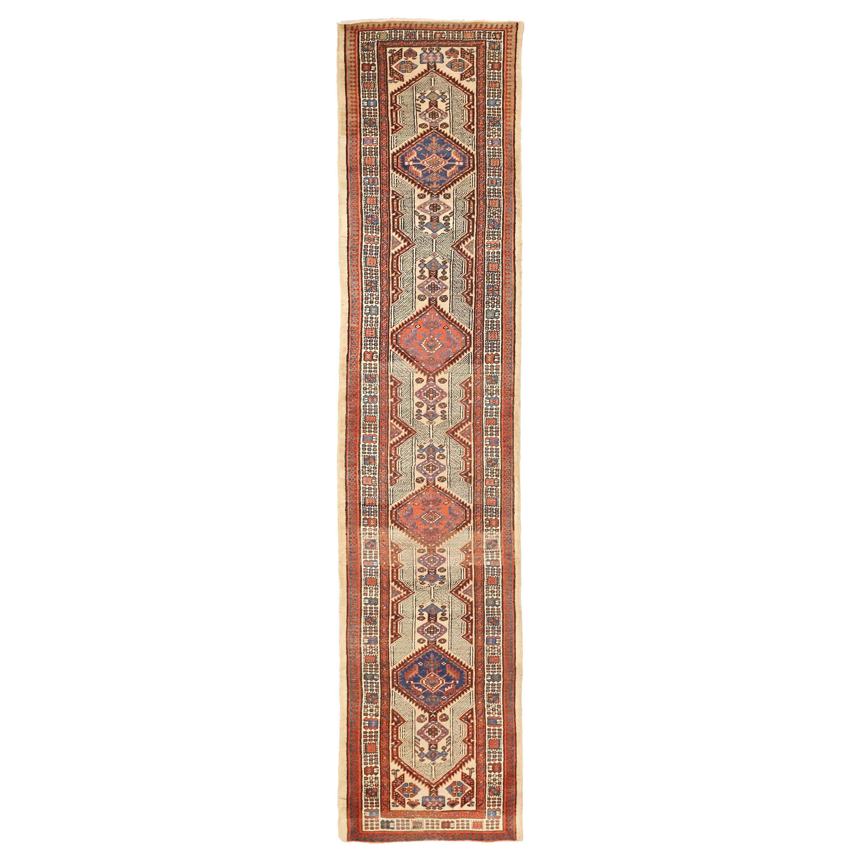 Antique Persian Sarab Runner Rug with Navy, Red and Black Tribal Details For Sale