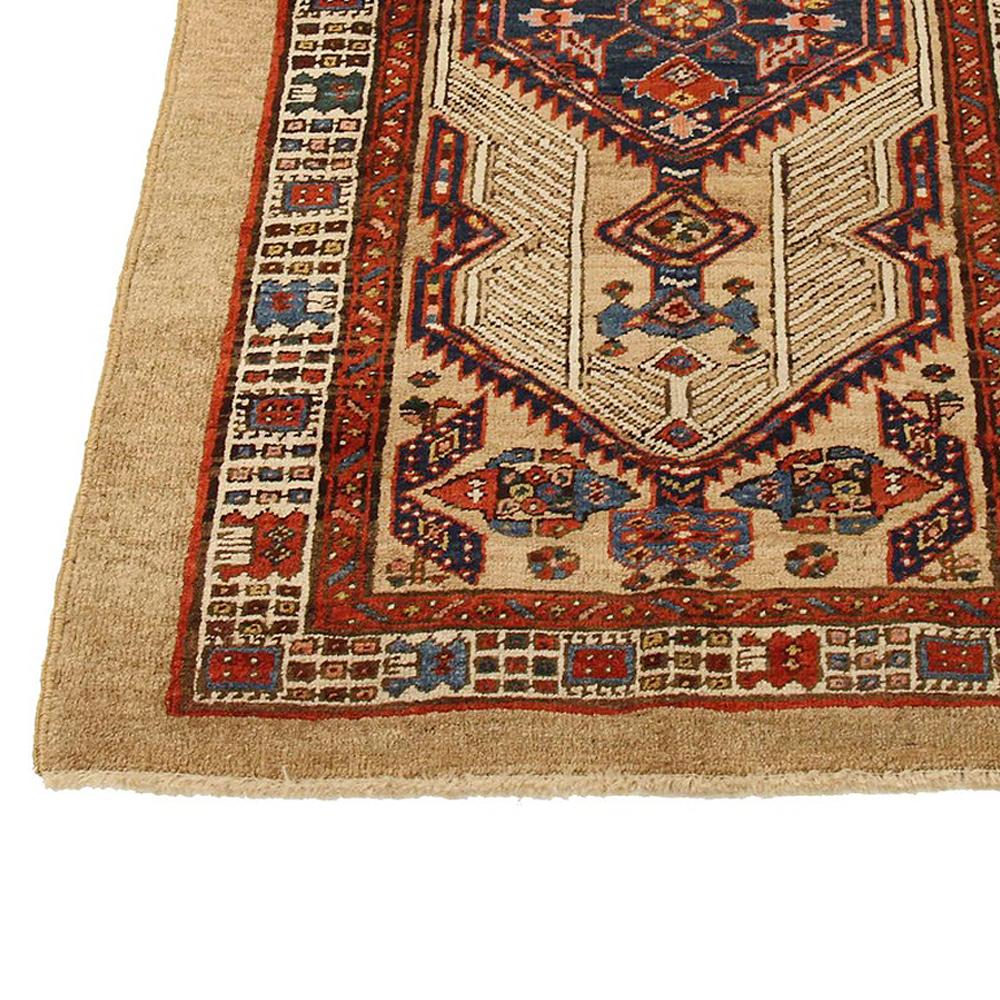 Hand-Woven Antique Persian Sarab Runner Rug with Navy and Red Geometric Medallions For Sale