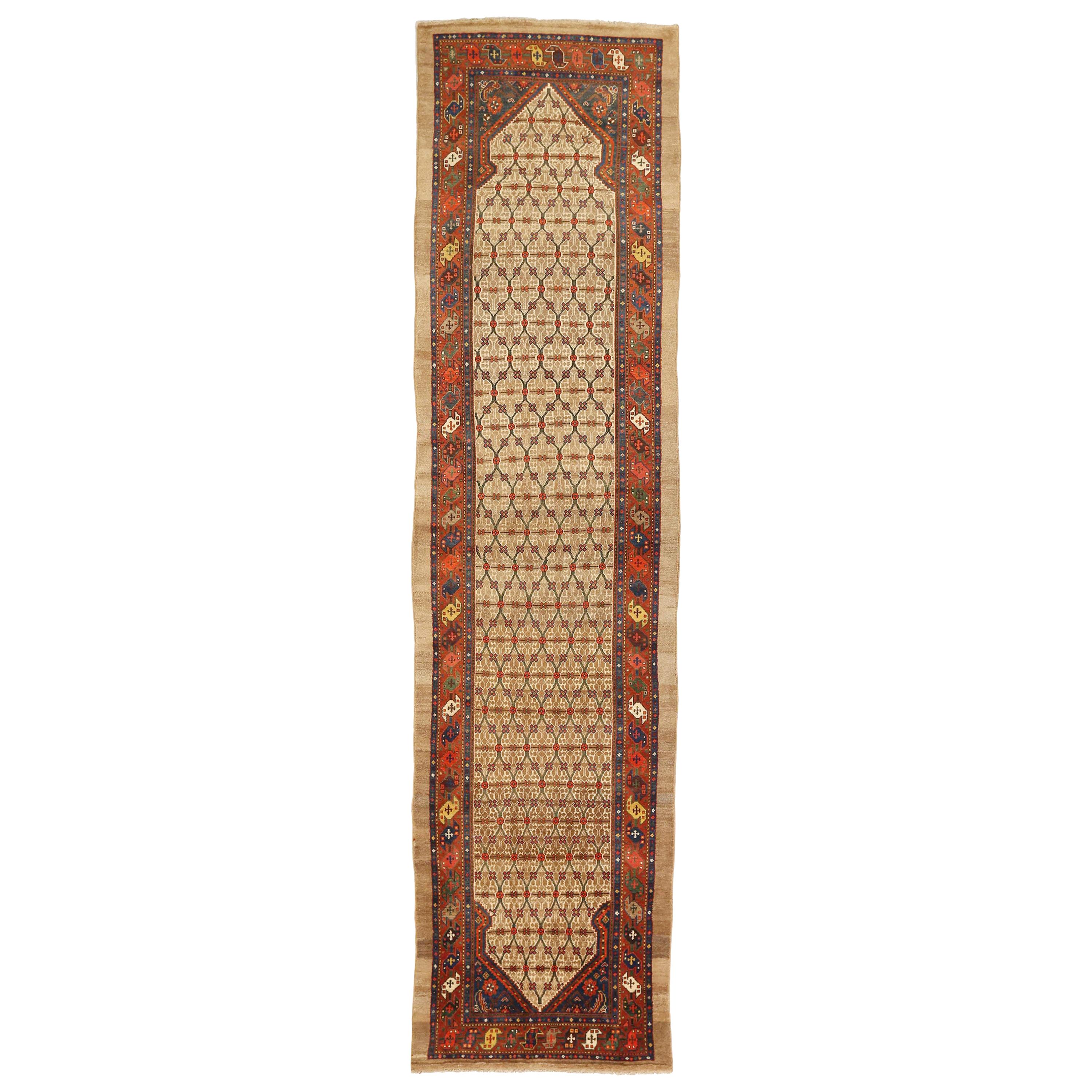 Antique Persian Sarab Runner Rug with Red and Brown Floral Details For Sale