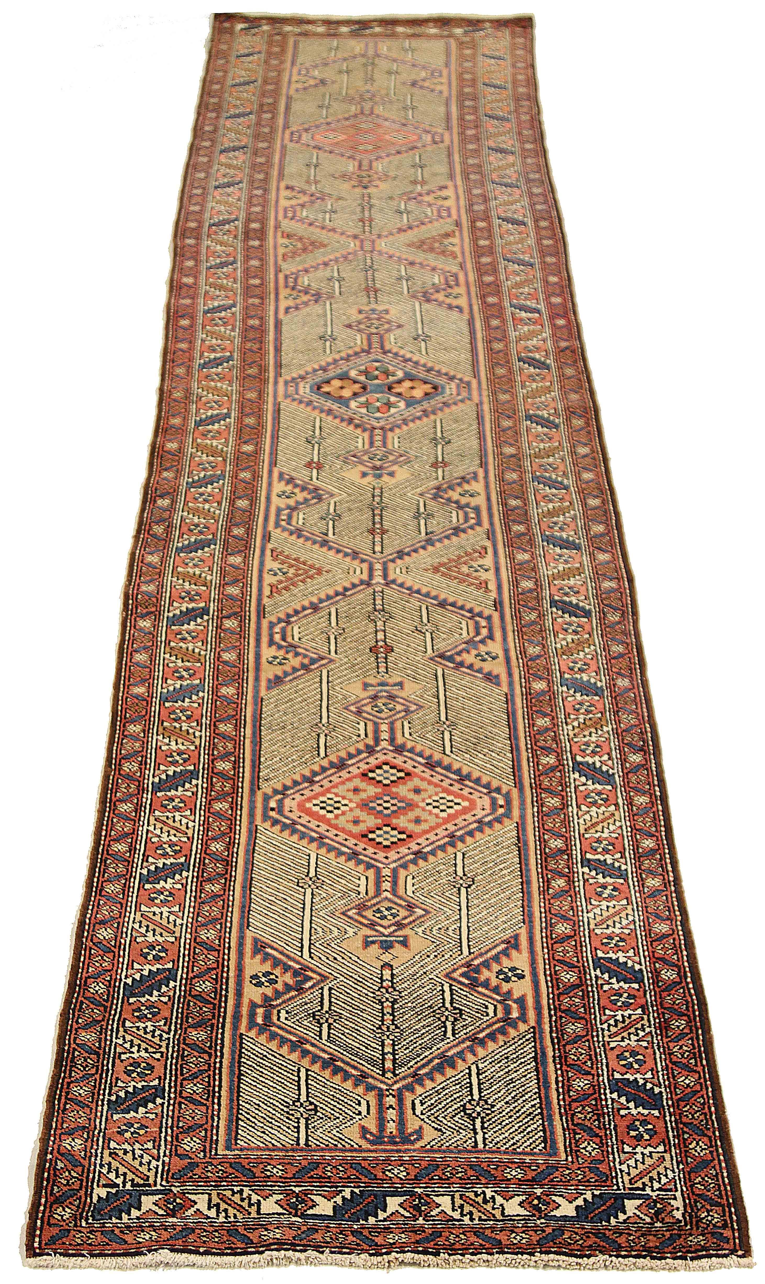 Malayer Antique Persian Sarab Runner Rug with Red and Blue Geometric Details For Sale