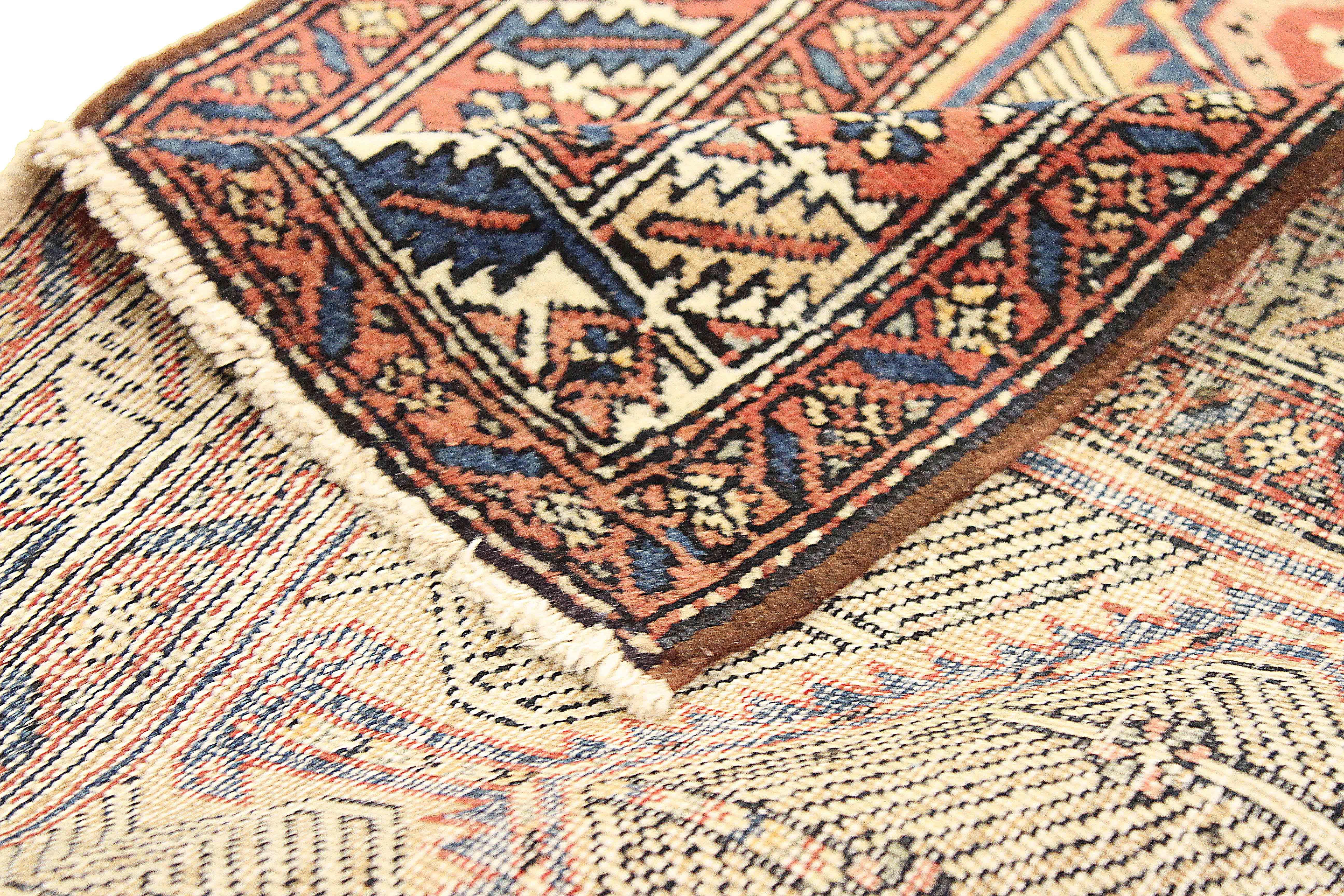 Hand-Woven Antique Persian Sarab Runner Rug with Red and Blue Geometric Details For Sale