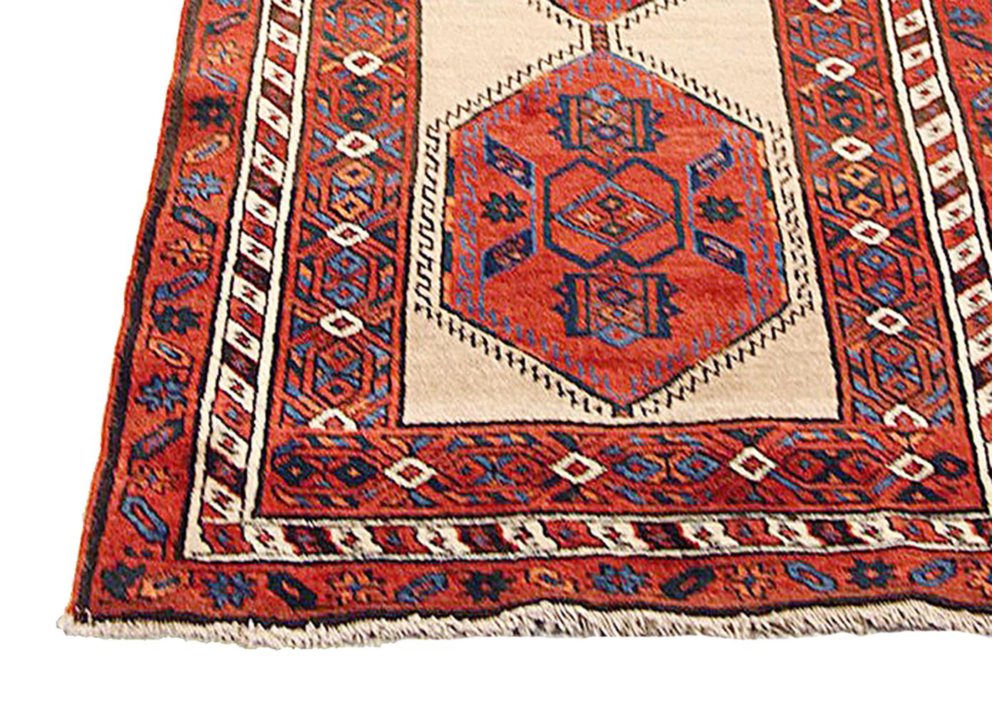 Hand-Woven Antique Persian Sarab Runner Rug with Red Medallions on Ivory Center Field For Sale