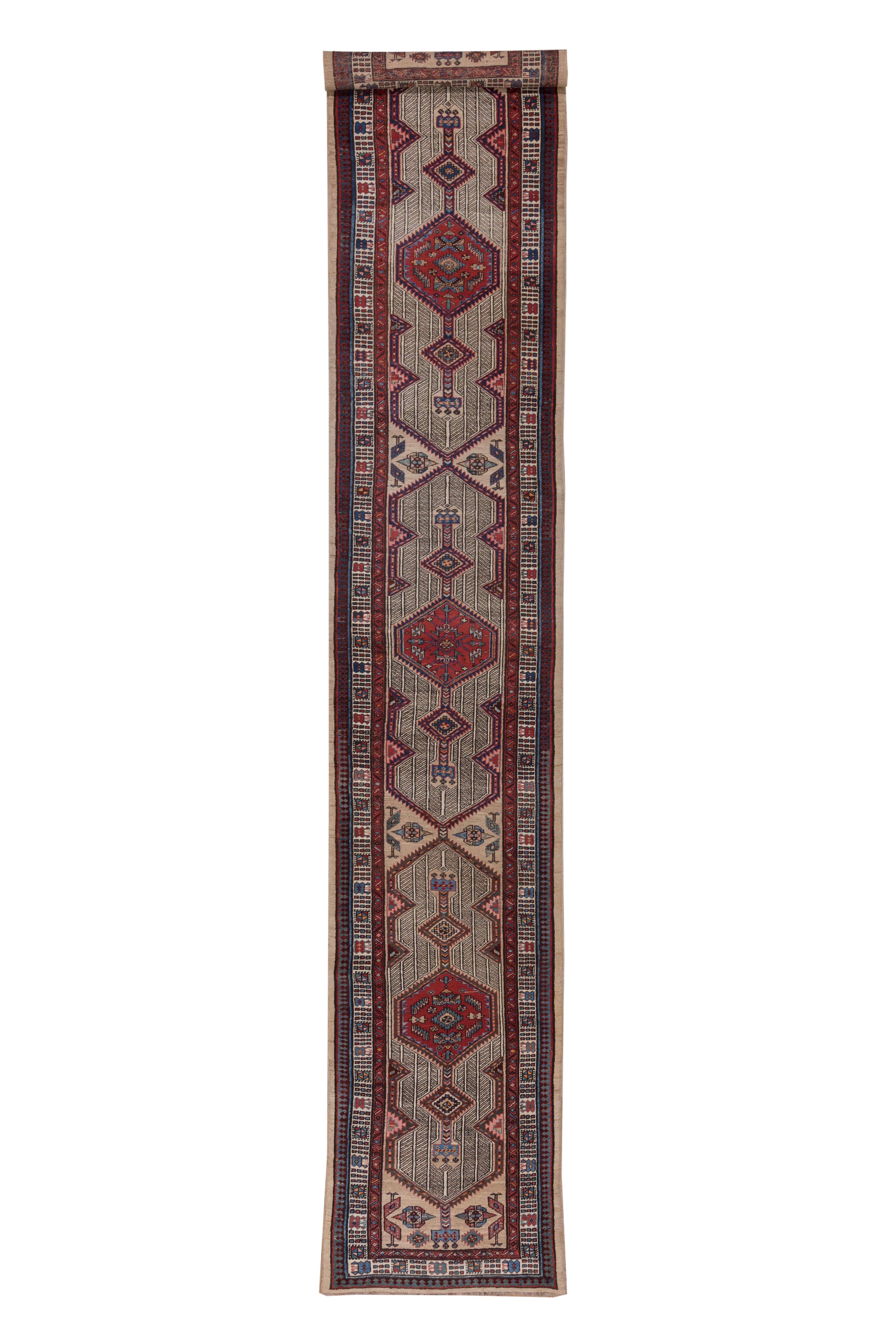 Antique Persian Sarab Runner, Sand Field, Blue & Red Accents For Sale