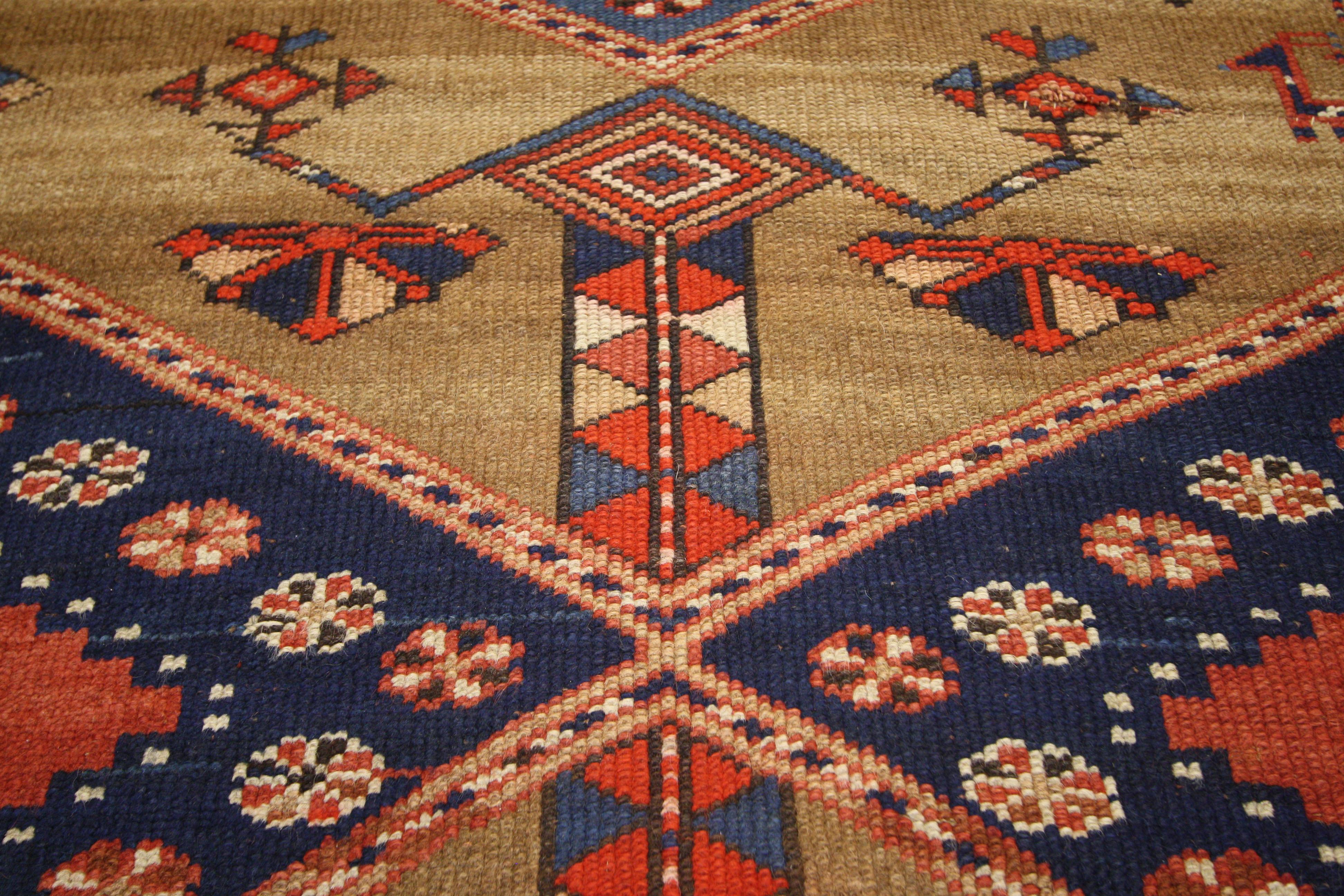 73991, antique Persian Sarab runner, Tribal style hallway runner. Striking tribal balanced with chic modern, this antique Persian Sarab runner displays the unique attributes of Persian tribal weaving. A geometric pattern of bright hexagons and