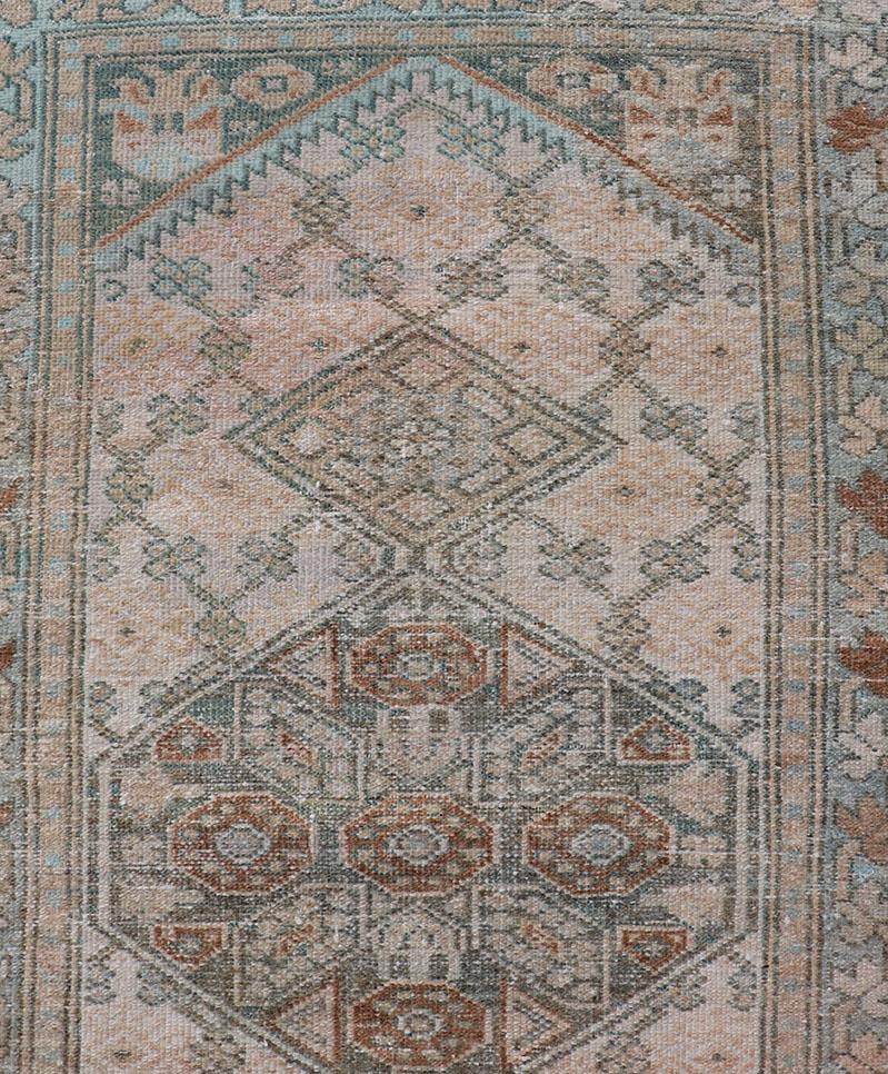 Antique Persian Sarab Runner with Sub-Geometric Design in Light Blue, Tan, Grey For Sale 3
