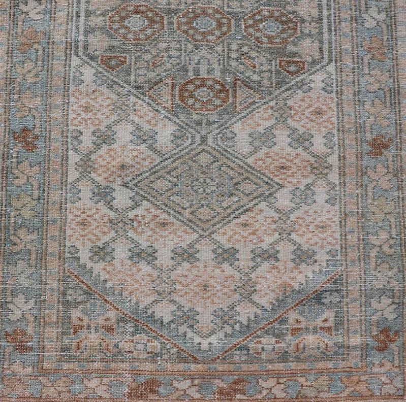 Measures: 2'5 x 9'1 
Antique Persian Sarab Runner with Sub-Geometric Design in Light Blue, Tan, Grey. Antique Sarab Runner, rug EMB-9562-13535; Keivan Woven Arts, country of origin / type: Persian / Sarab, circa 1920.

This antique hand-knotted