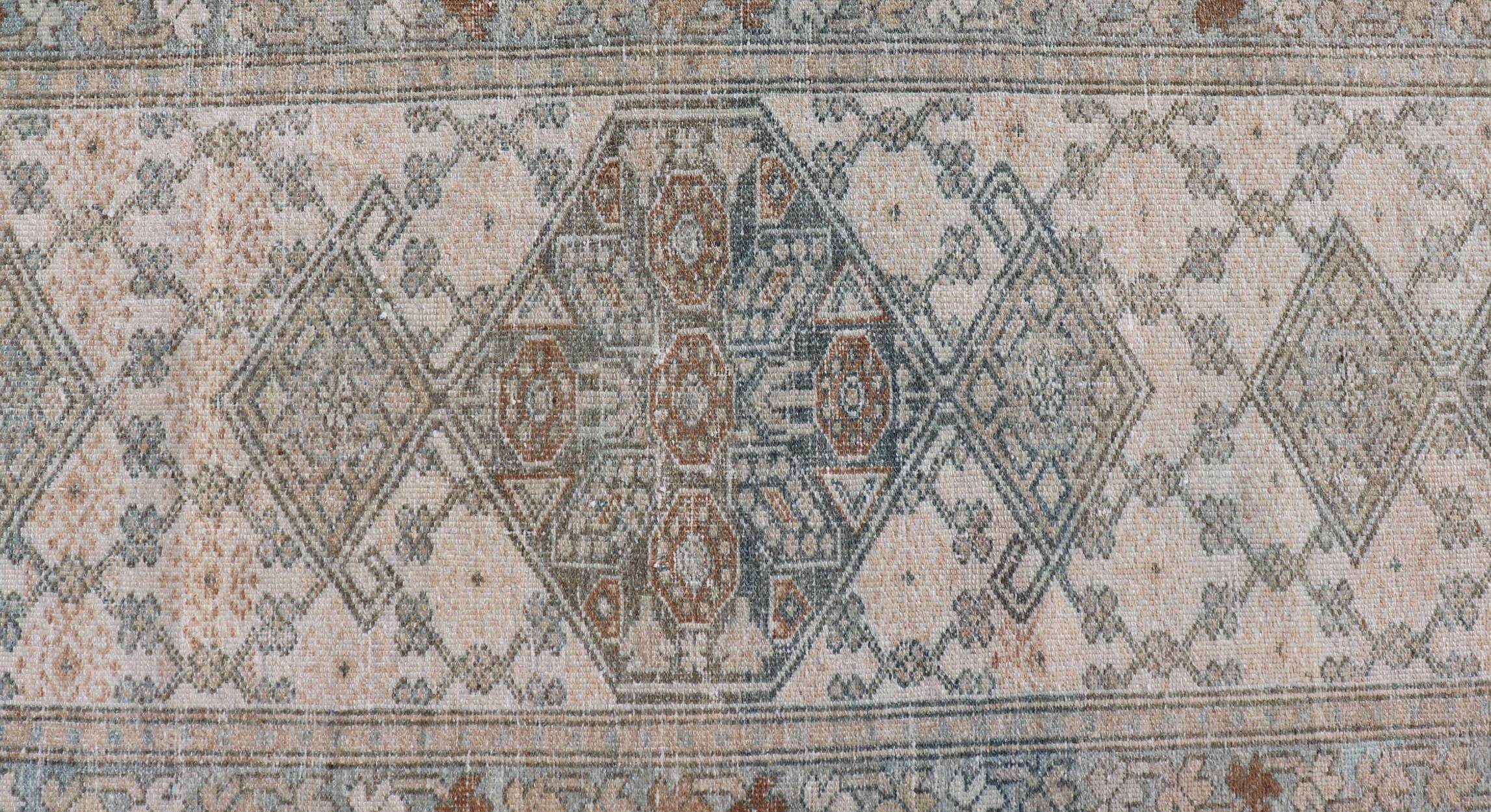 Malayer Antique Persian Sarab Runner with Sub-Geometric Design in Light Blue, Tan, Grey For Sale