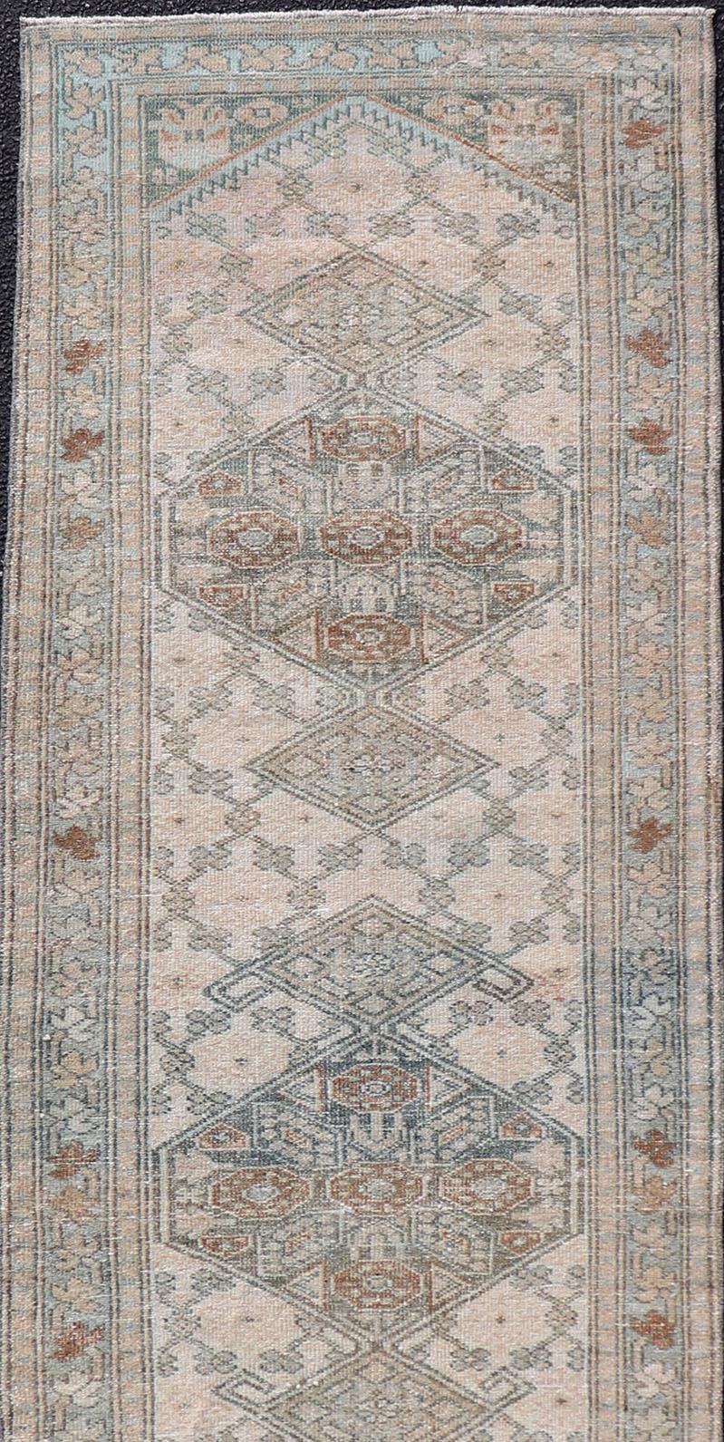 Hand-Knotted Antique Persian Sarab Runner with Sub-Geometric Design in Light Blue, Tan, Grey For Sale