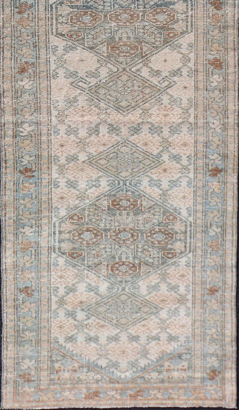 20th Century Antique Persian Sarab Runner with Sub-Geometric Design in Light Blue, Tan, Grey For Sale