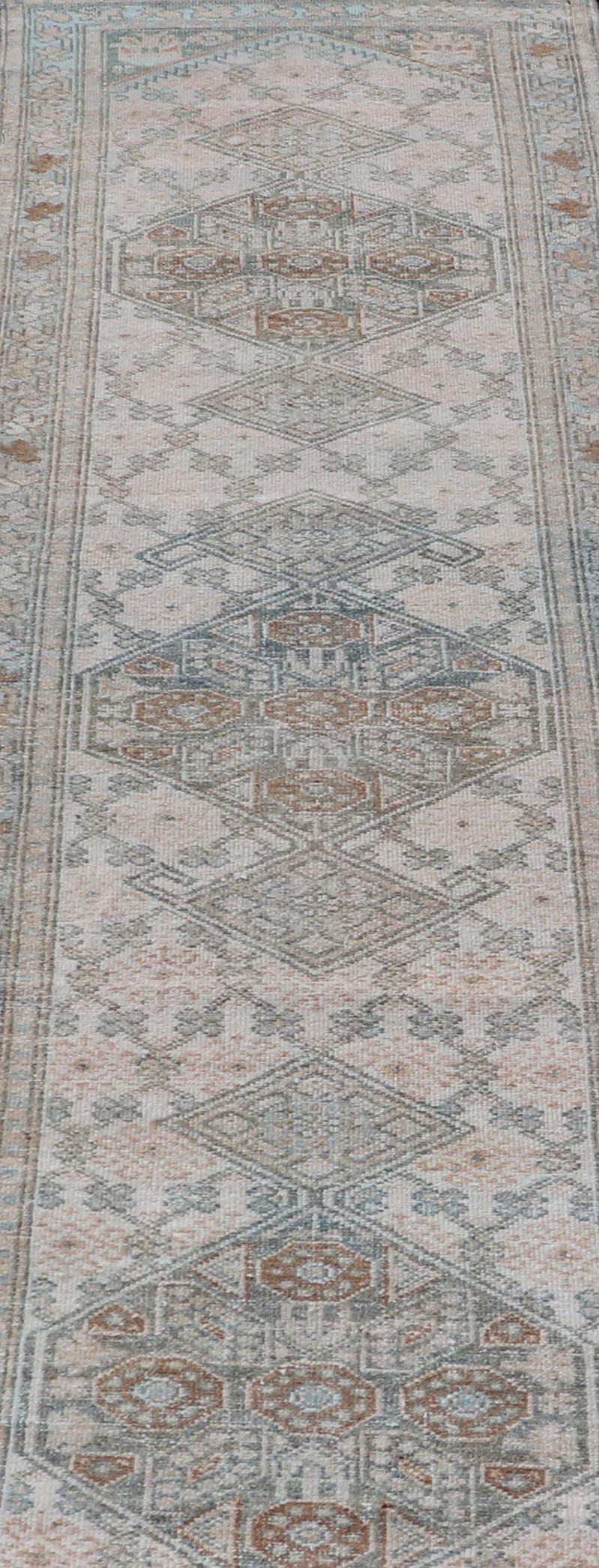 Wool Antique Persian Sarab Runner with Sub-Geometric Design in Light Blue, Tan, Grey For Sale