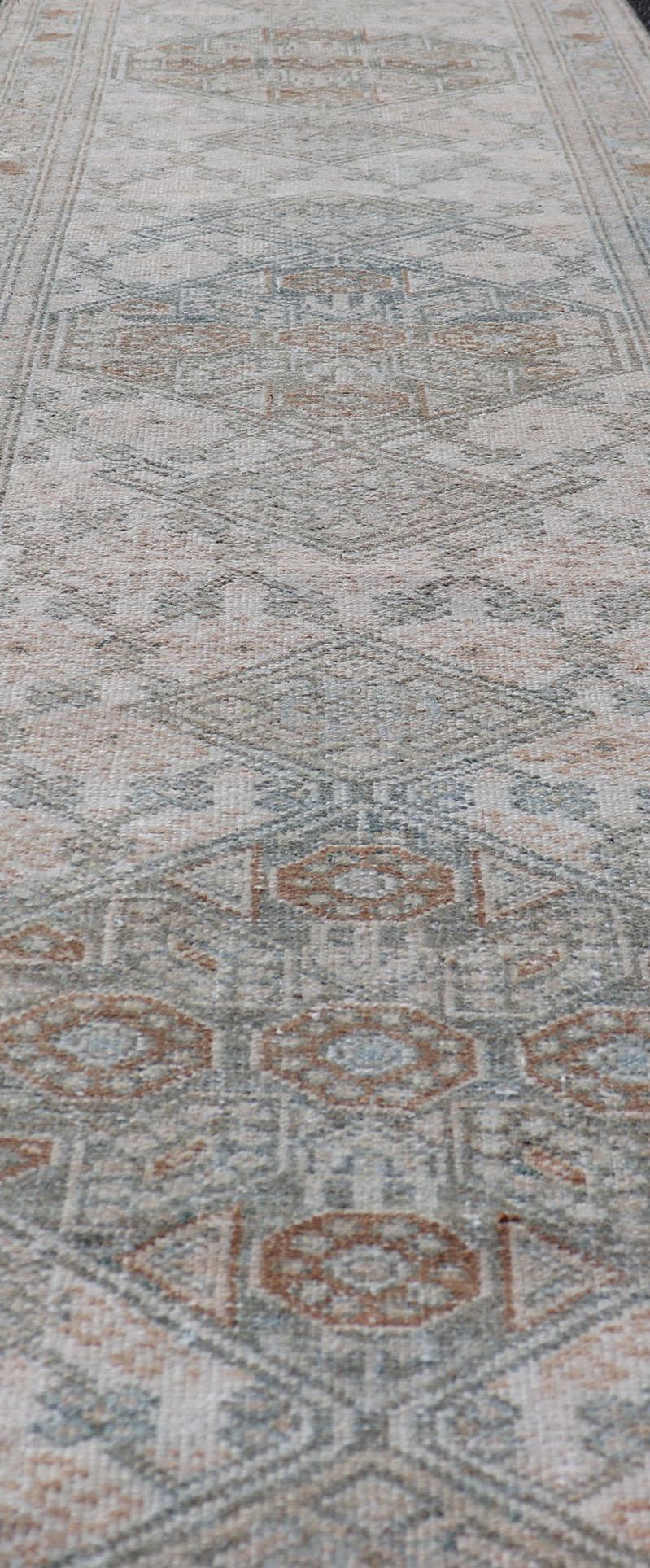 Antique Persian Sarab Runner with Sub-Geometric Design in Light Blue, Tan, Grey For Sale 1