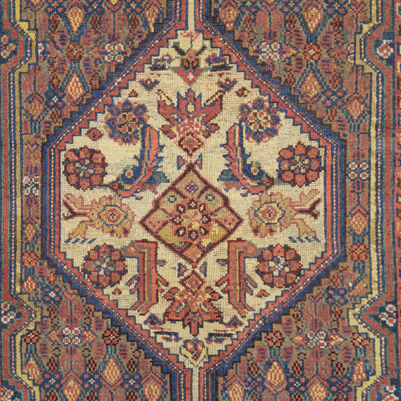 Tabriz Antique 1900s Wool Persian Saraband Rug, Blue, Red, and Orange, 5' x 7' For Sale