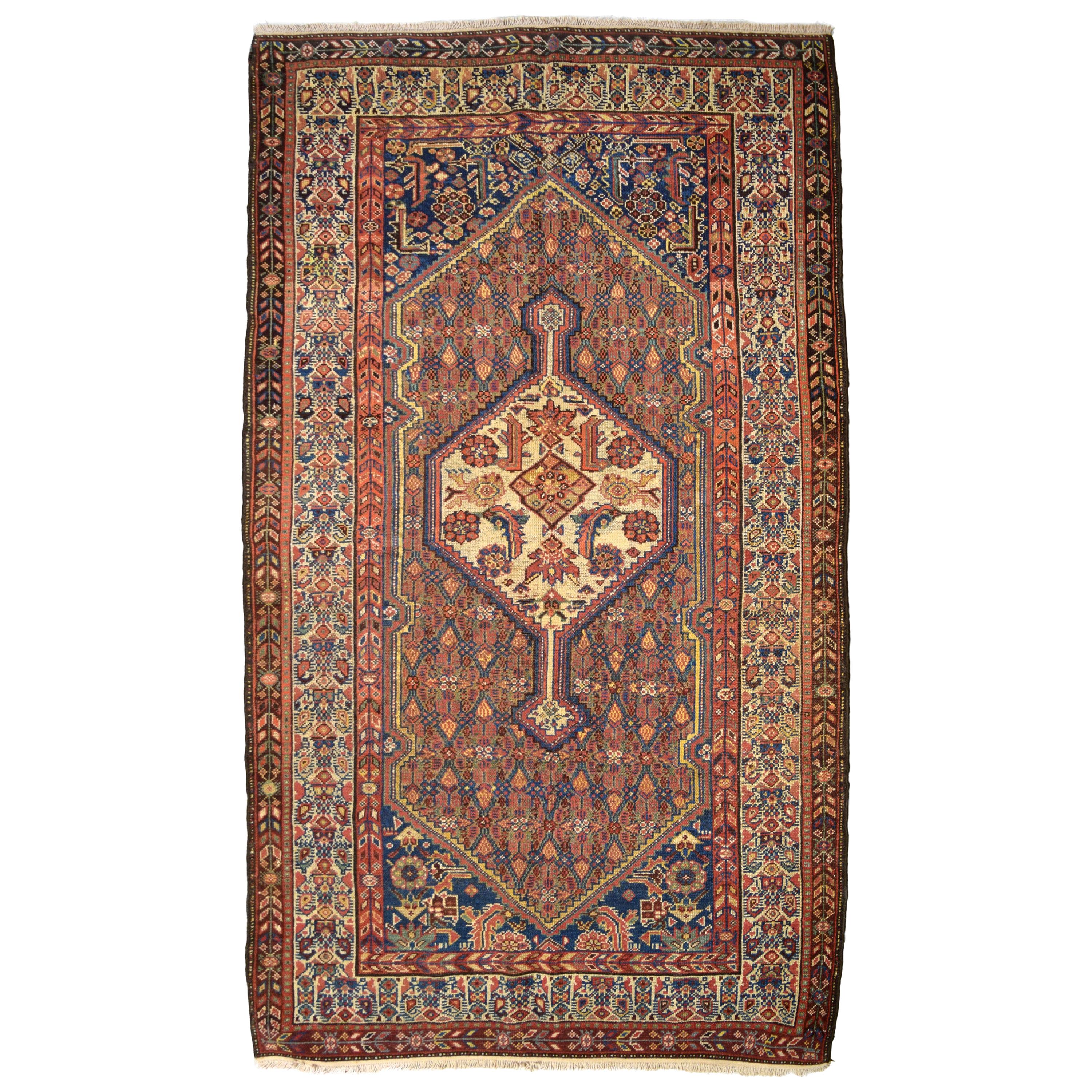 Antique 1900s Wool Persian Saraband Rug, Blue, Red, and Orange, 5' x 7' For Sale