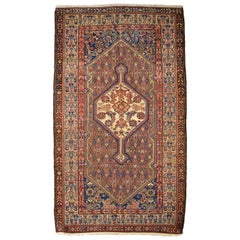 Alfombra Persa Saraband Antigua de Lana de 1900, Azul, Roja y Naranja, 5' x 7'