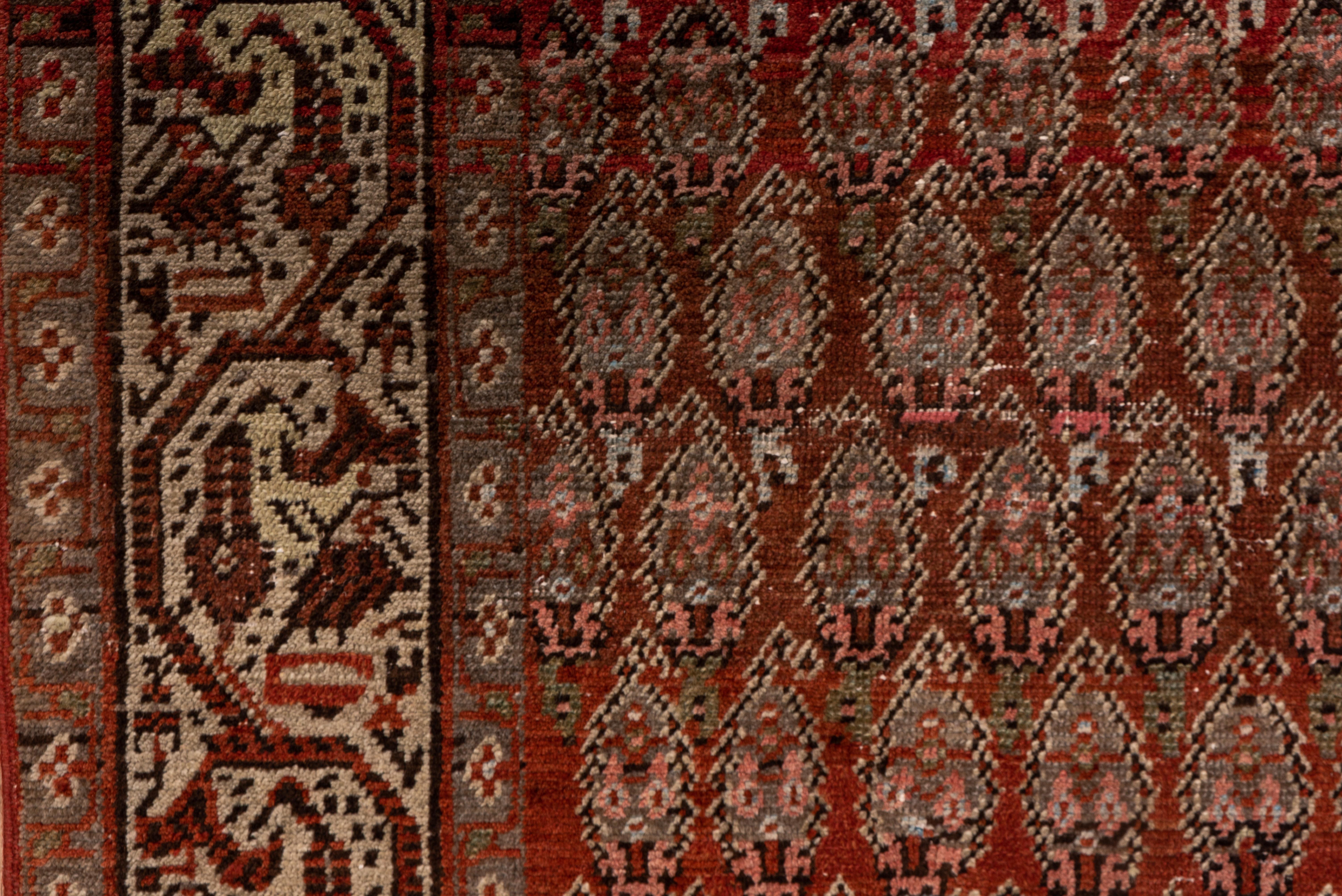 Wool Antique Persian Saraband Long Runner, Red Paisley Field, Taupe Borders For Sale