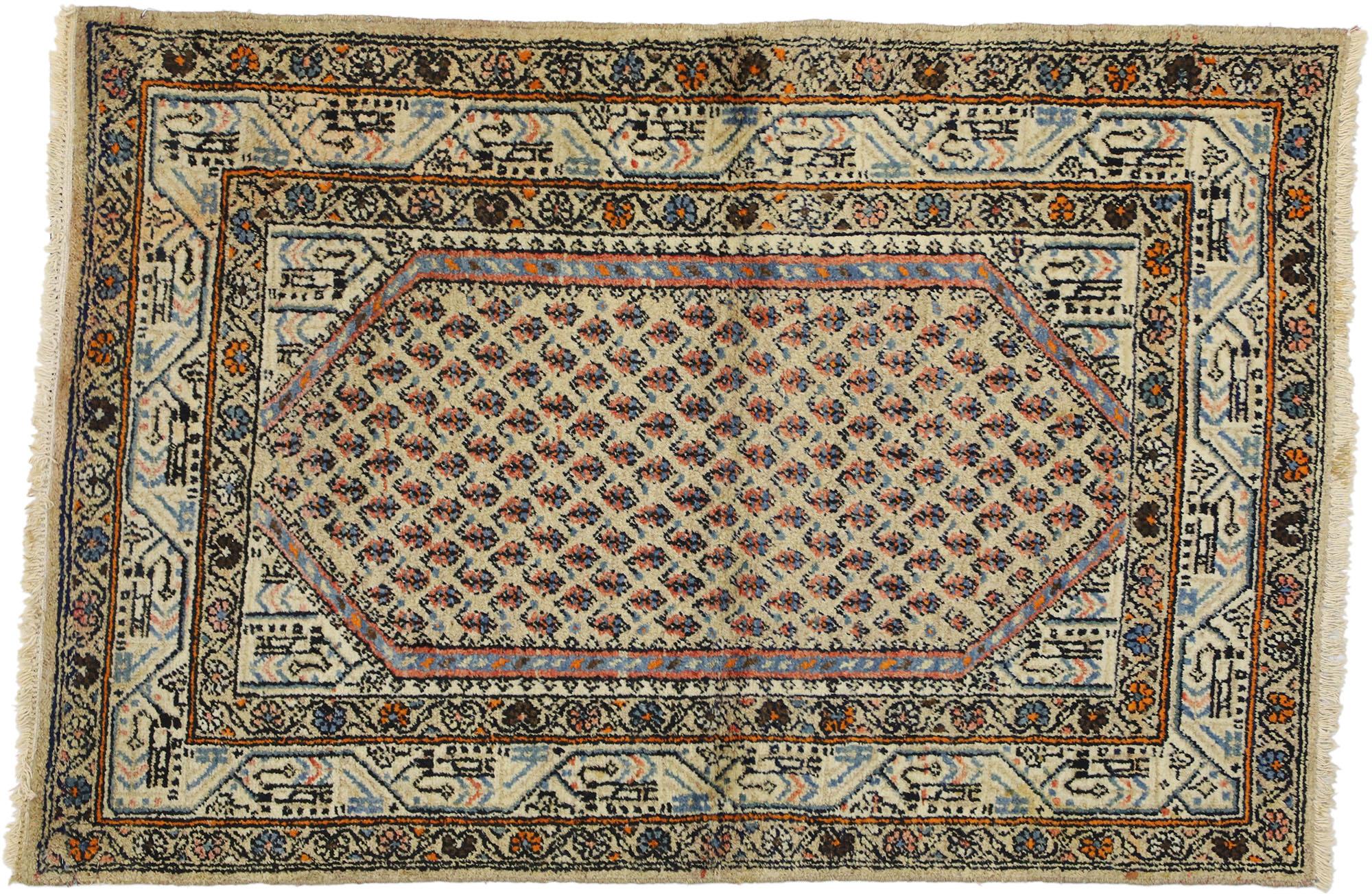 72633 antique Persian Saraband rug with mir boteh design. The antique Persian Saraband rug features a delicate pattern of mir boteh motifs in diagonal rows in a beige field. The boteh resembles sprouting seed and is known as the 