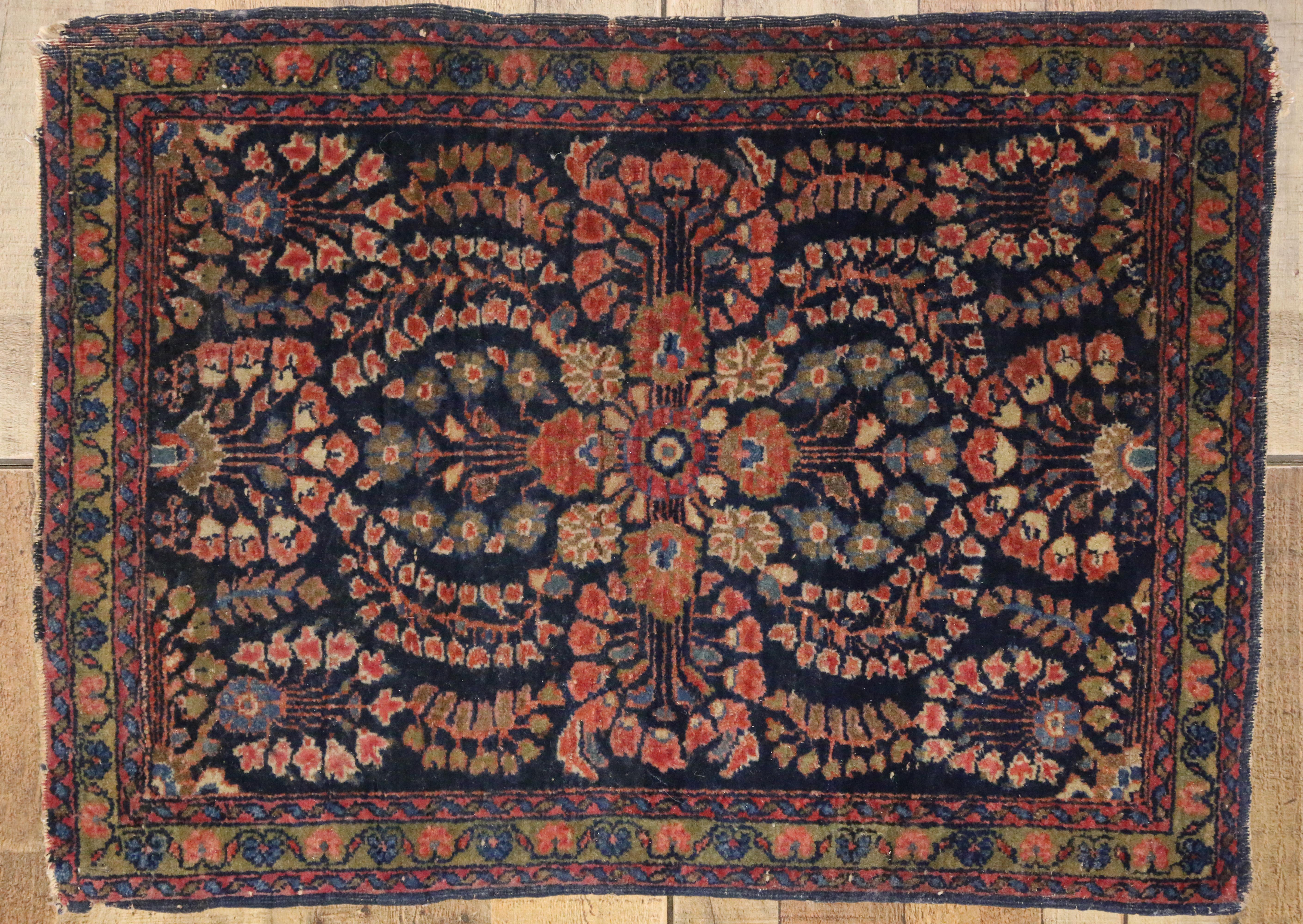 Hand-Knotted Antique Persian Sarouk Accent Rug, Small Persian Rug with Modern Victorian Style