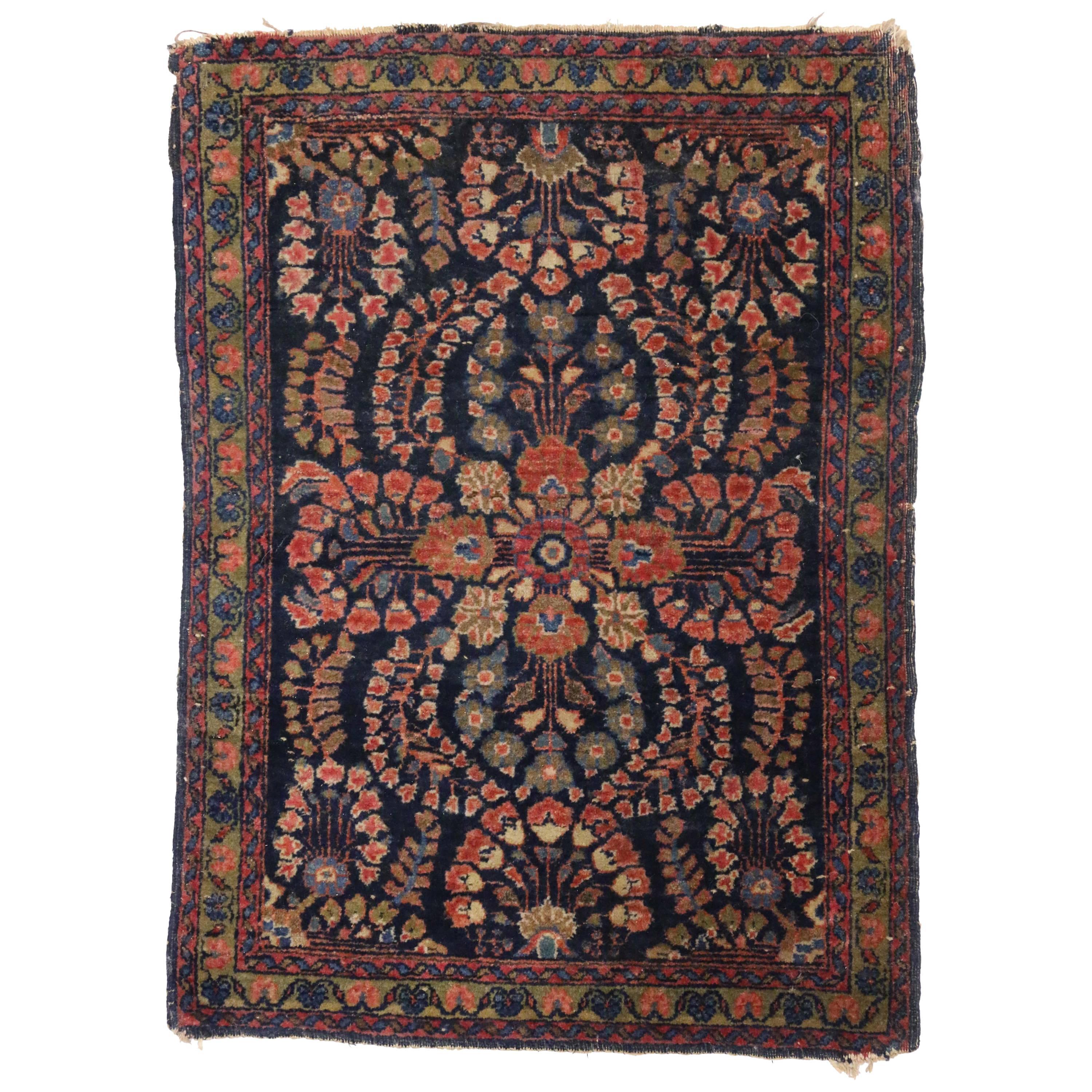 Antique Persian Sarouk Accent Rug, Small Persian Rug with Modern Victorian Style