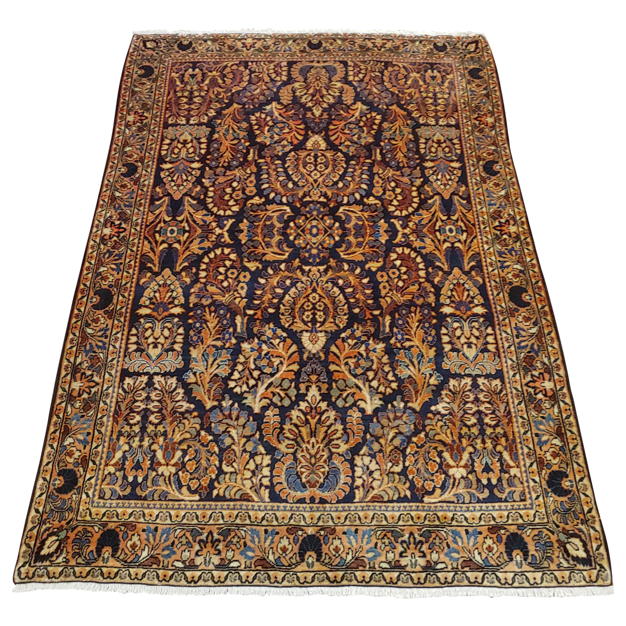 Antique Persian Sarouk, All-Over Design on Navy Field, Wool, 1920 For Sale