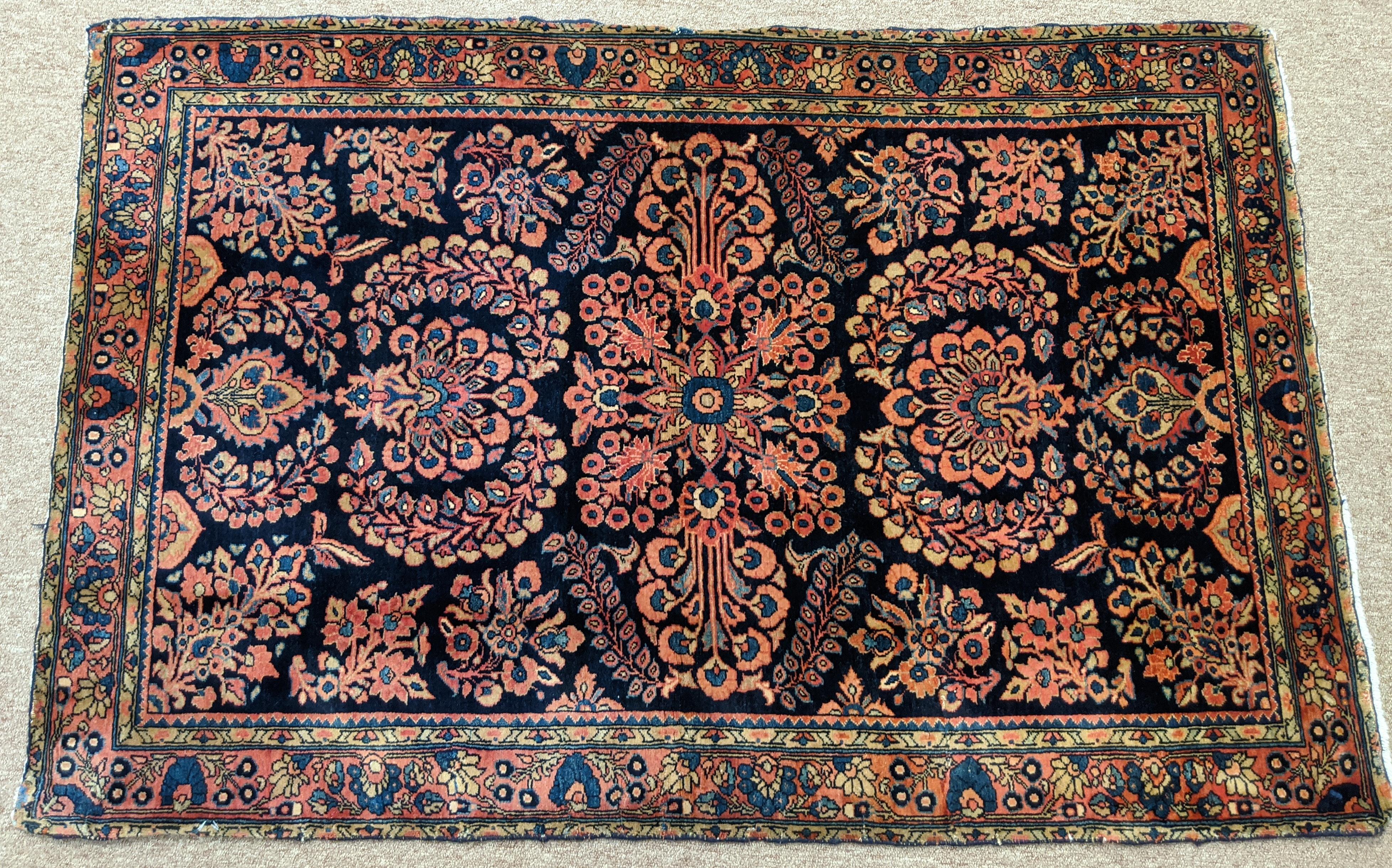 Woven Antique Persian Sarouk, All-Over Design on Navy Field, Wool, 1920 For Sale