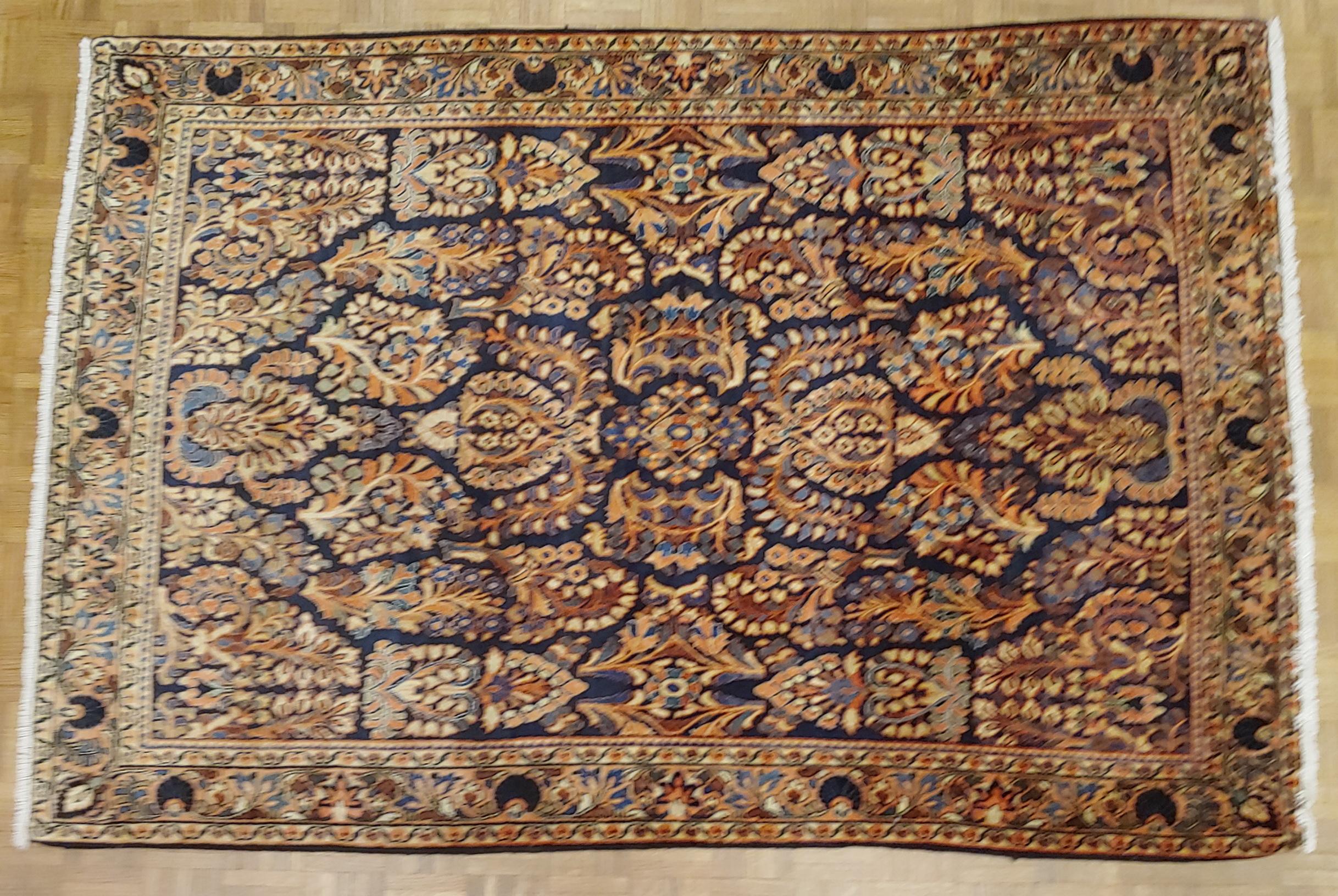 Woven Antique Persian Sarouk, All-Over Design on Navy Field, Wool, 1920 For Sale
