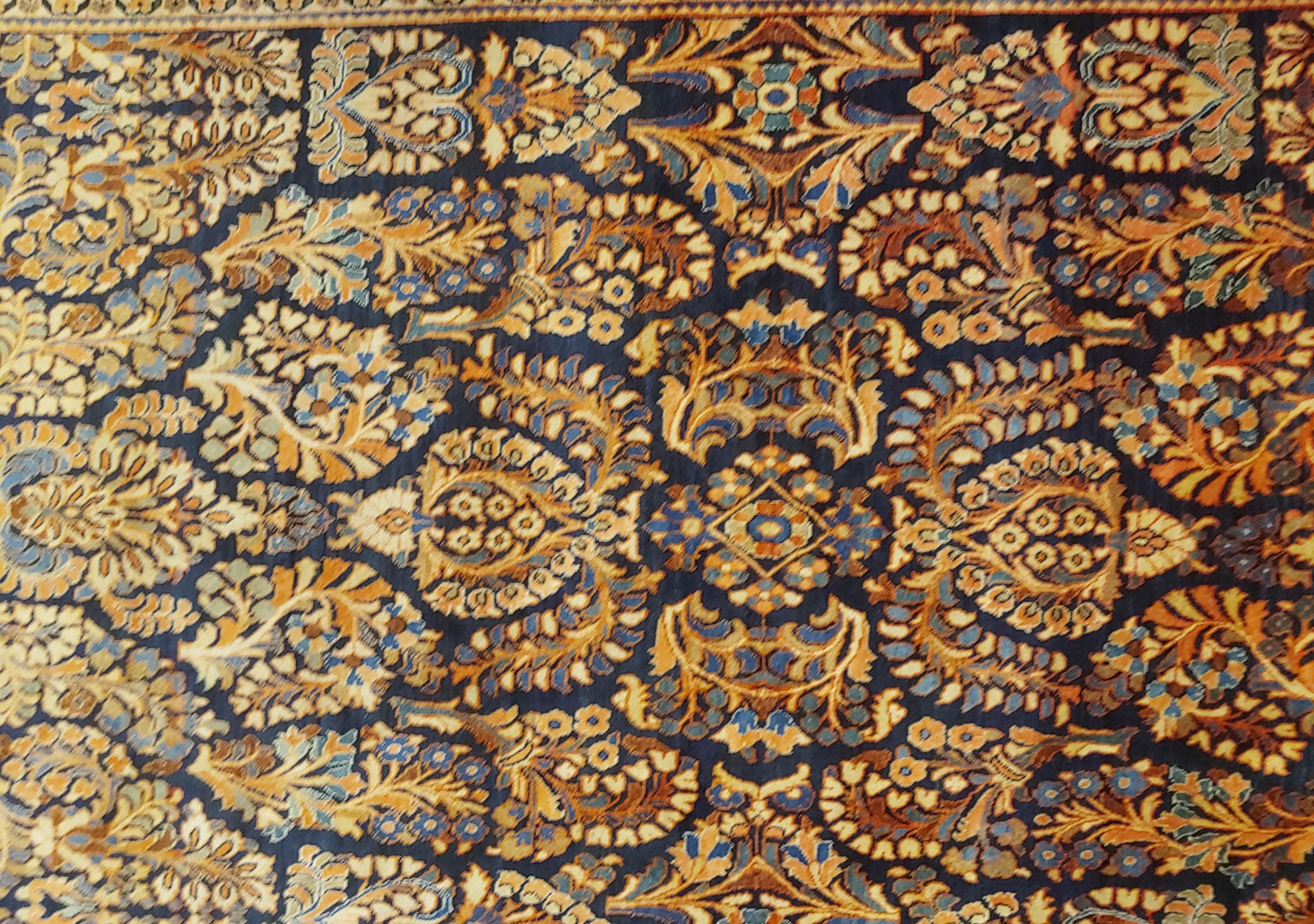 Early 20th Century Antique Persian Sarouk, All-Over Design on Navy Field, Wool, 1920 For Sale