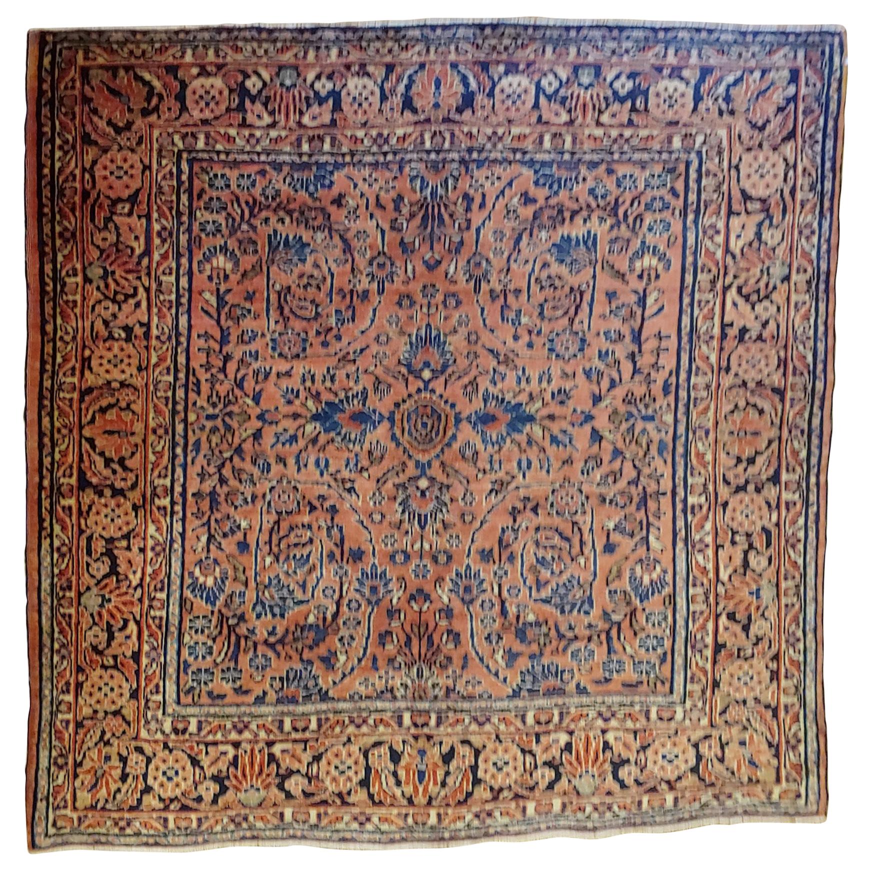 Antique Persian Sarouk, All-Over Design on Rust Field, Wool, 4ft square, 1915 For Sale