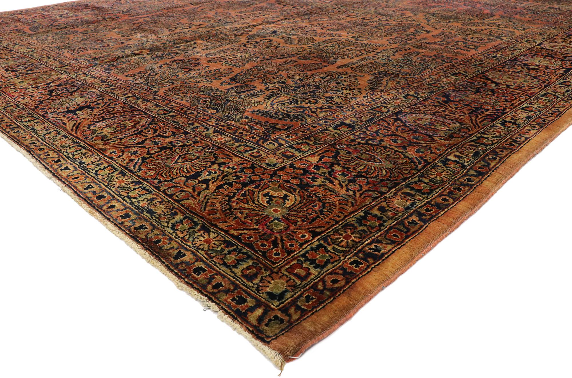 74952, antique Persian Sarouk rug with Rustic American Traditional style. With timeless appeal and time-softened colors, this hand knotted wool antique Persian Sarouk rug can beautifully blend modern, traditional, rustic, and contemporary interiors.