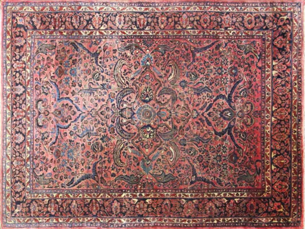 Antique handmade northwest Persian Sarouk Carpet, circa 1920's 7' x 10', fine quality in red and blue background and traditional allover design of flowers, natural dyed wool, It's condition is fair to good with Wear consistent with age and use, the