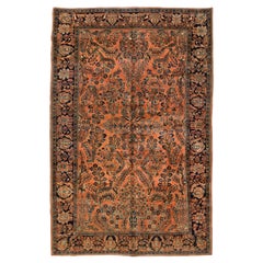 Antique Persian Rose and Brown Floral Sarouk Rug circa 1920s