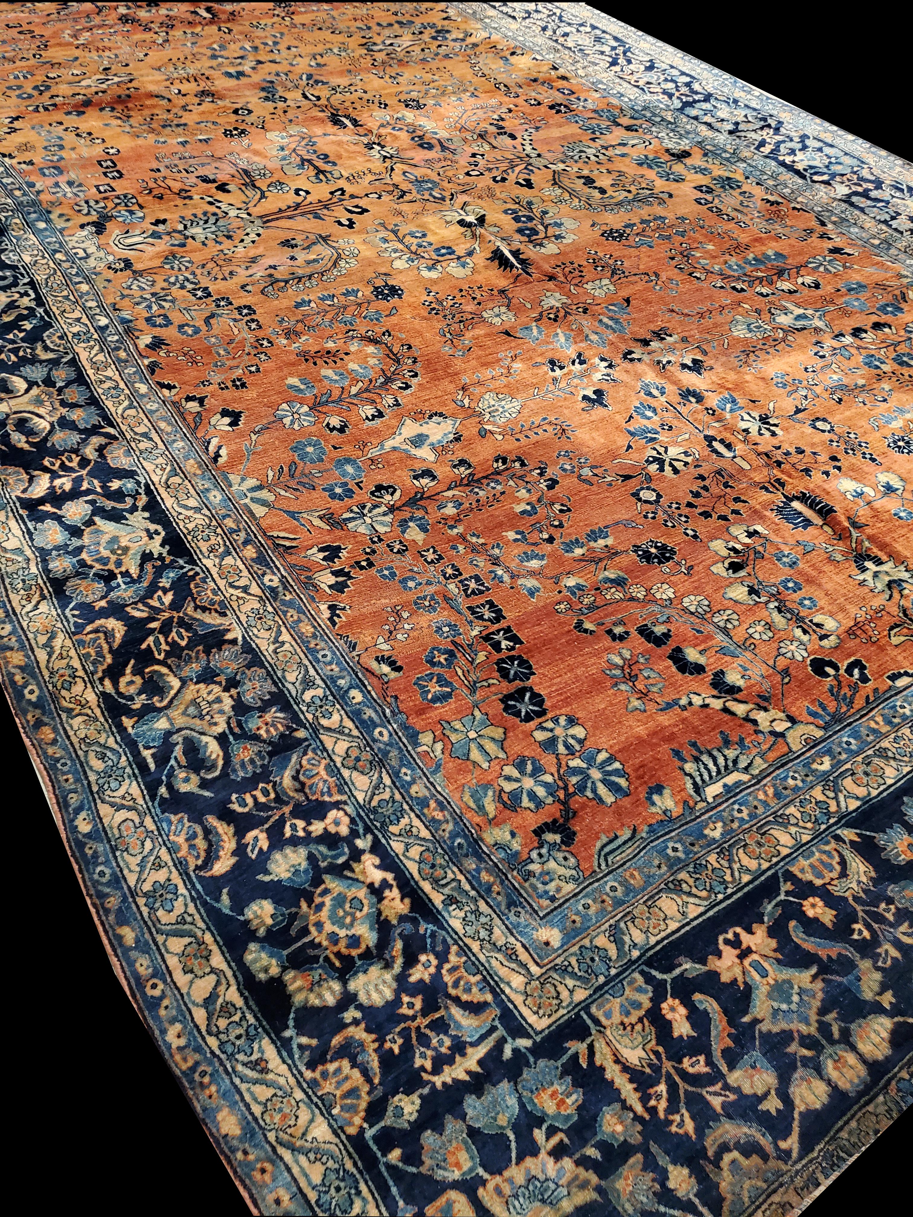 Antiker persischer Sarouk-Teppich aus Sarouk, handgefertigter orientalischer Teppich, Marineblau, Rost, Lt, Elfenbein im Angebot 3