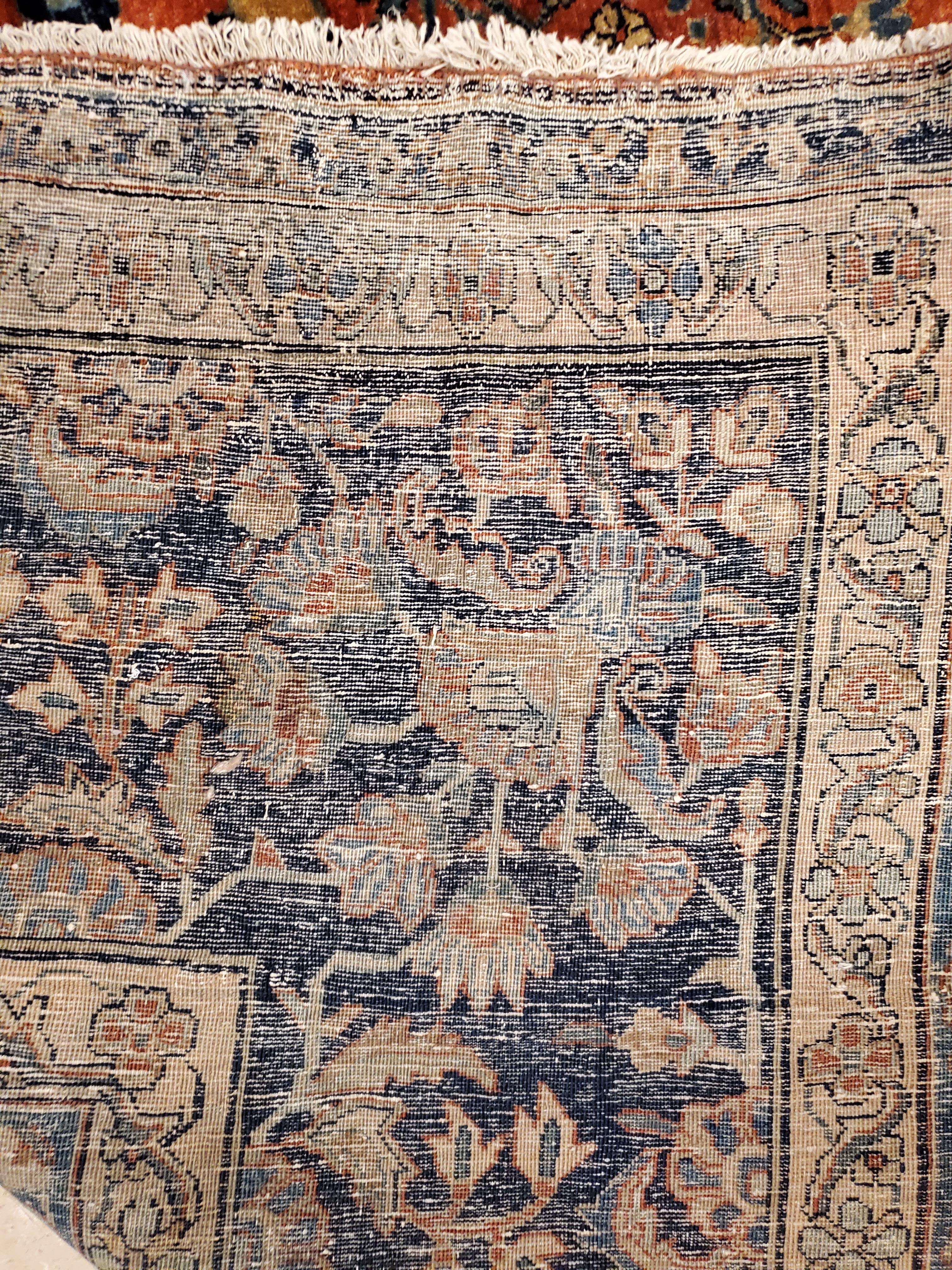 Antiker persischer Sarouk-Teppich aus Sarouk, handgefertigter orientalischer Teppich, Marineblau, Rost, Lt, Elfenbein im Angebot 4