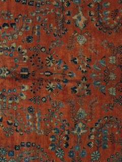 Antique Persian Sarouk Carpet, Handmade Oriental Rug, Navy, Rust, Lt Blue, Ivory