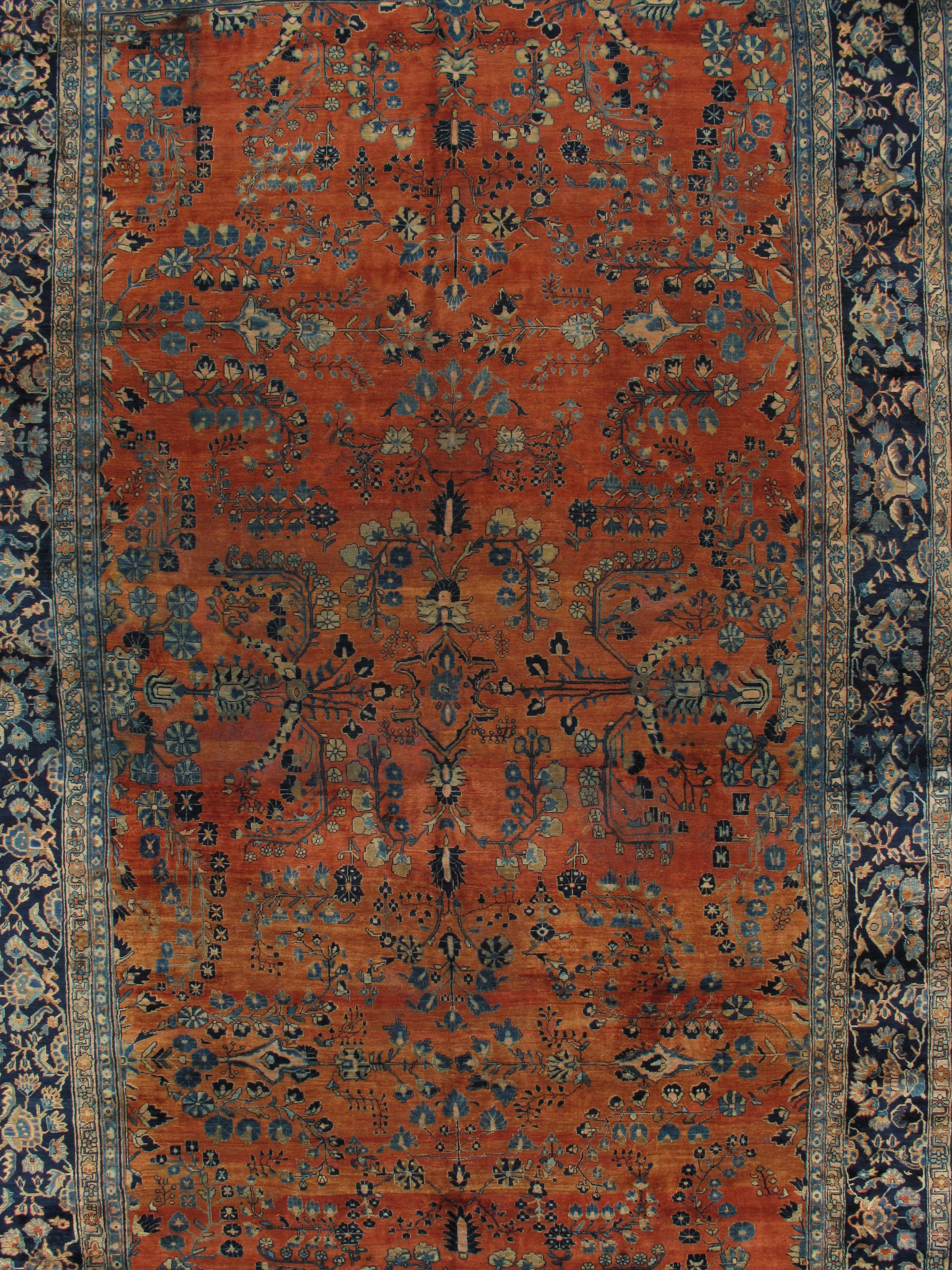 Antiker persischer Sarouk-Teppich aus Sarouk, handgefertigter orientalischer Teppich, Marineblau, Rost, Lt, Elfenbein (Sarouk Farahan) im Angebot