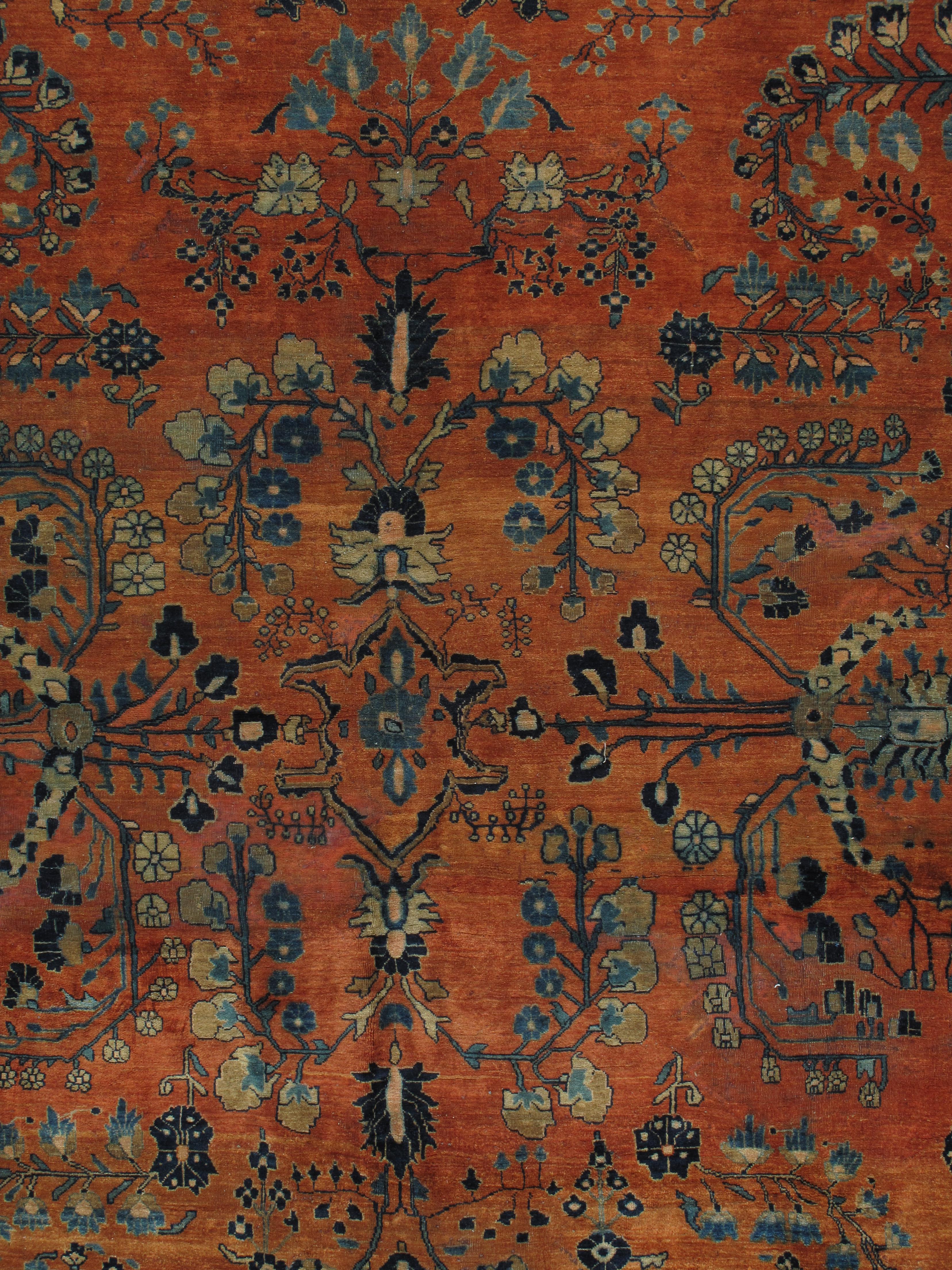 Antiker persischer Sarouk-Teppich aus Sarouk, handgefertigter orientalischer Teppich, Marineblau, Rost, Lt, Elfenbein (Persisch) im Angebot