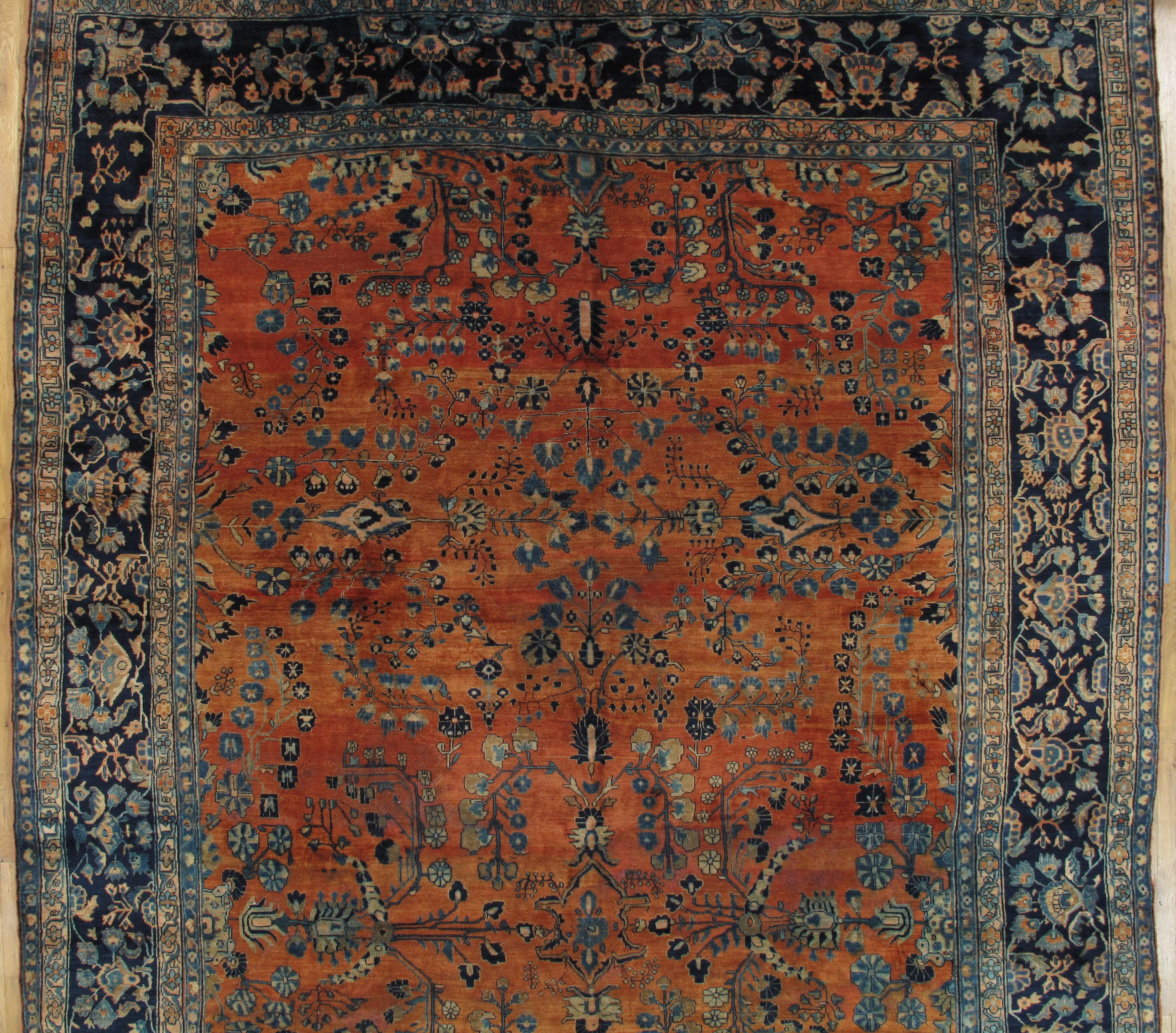 Antiker persischer Sarouk-Teppich aus Sarouk, handgefertigter orientalischer Teppich, Marineblau, Rost, Lt, Elfenbein (Handgeknüpft) im Angebot