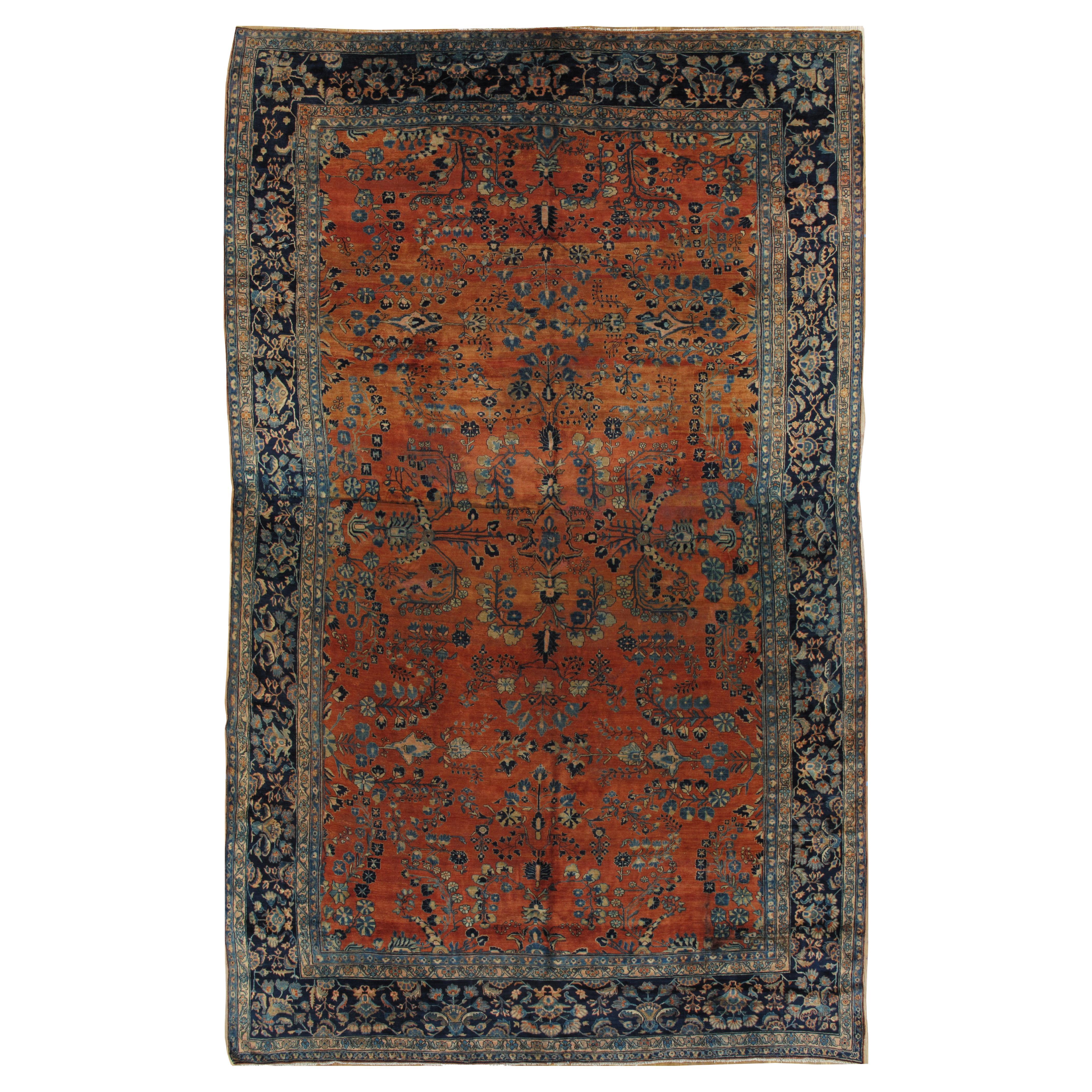 Tapis persan antique Sarouk, tapis oriental fait à la main, bleu marine, rouille, bleu clair, ivoire