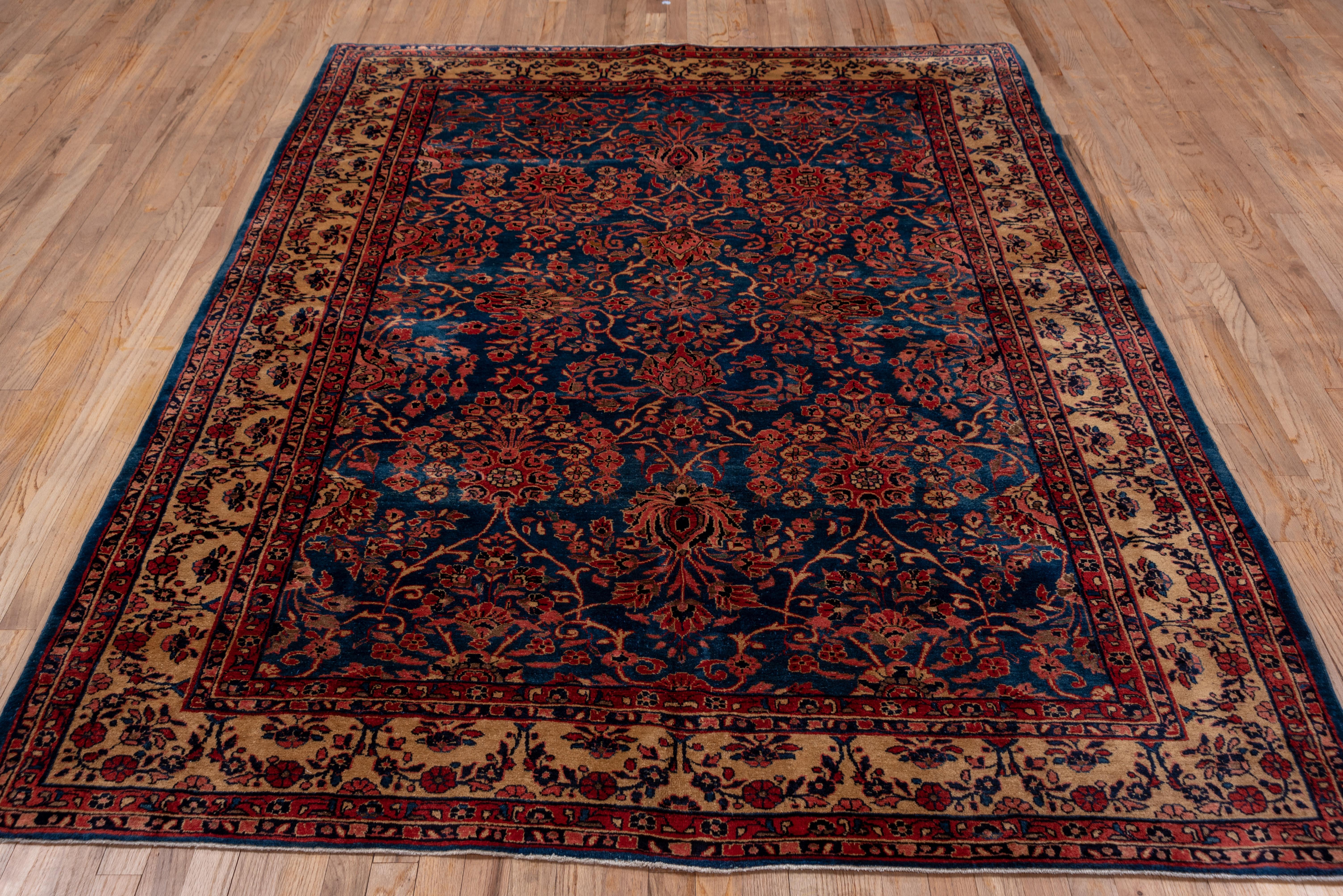 Sarouk Farahan Antique Persian Sarouk Carpet, Royal Blue All-Over Field, Shiny Beige Borders For Sale