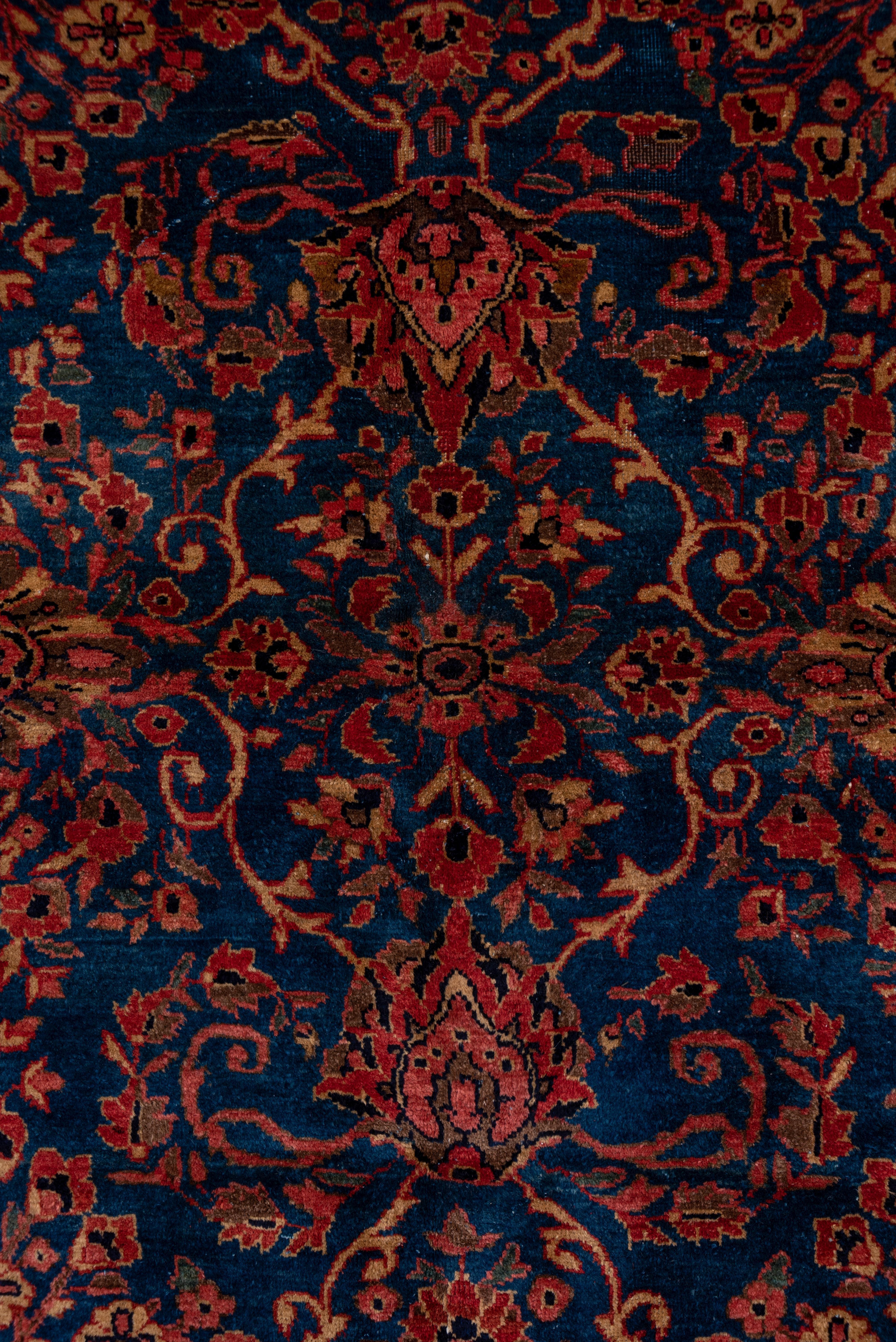 Hand-Knotted Antique Persian Sarouk Carpet, Royal Blue All-Over Field, Shiny Beige Borders For Sale