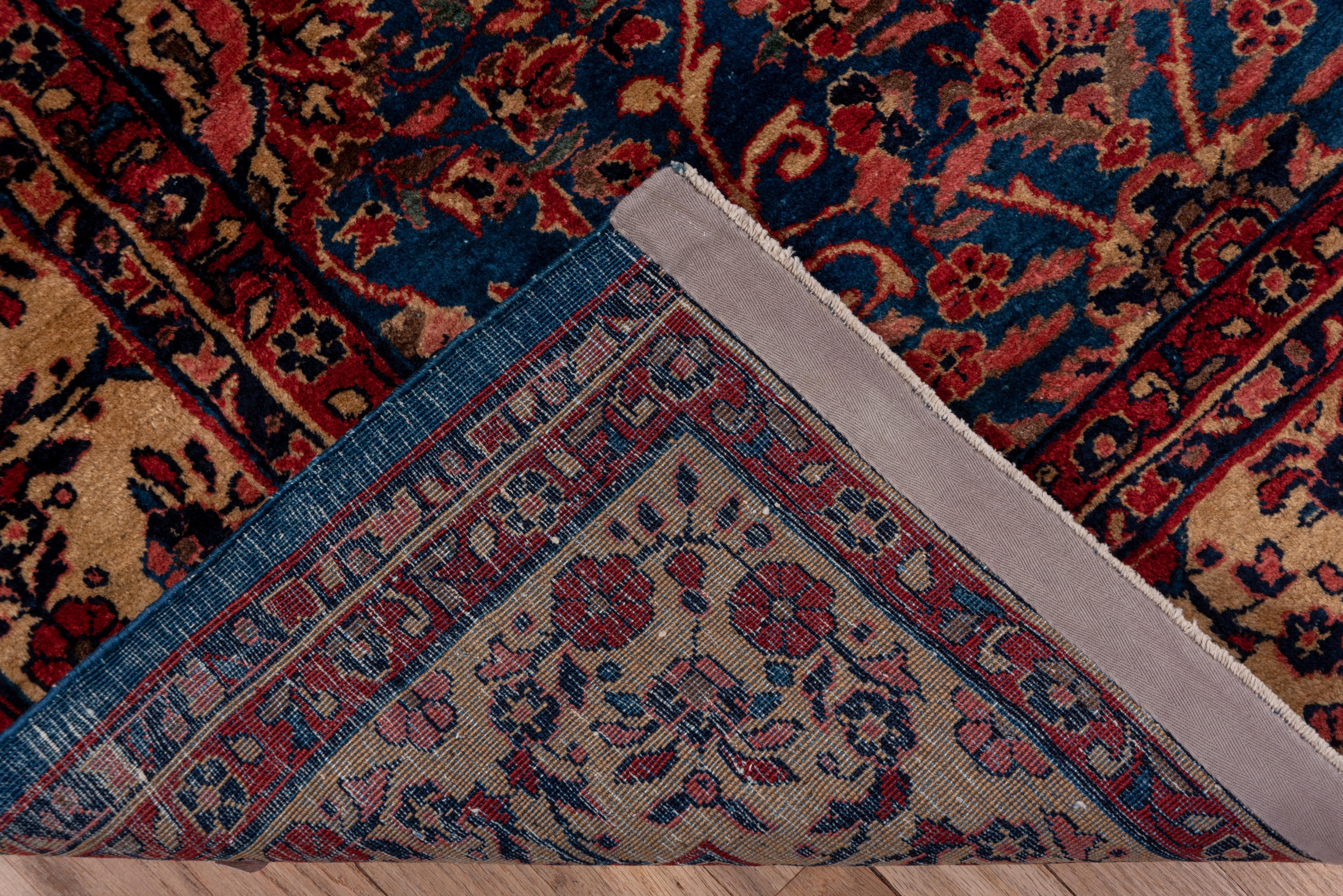 Early 20th Century Antique Persian Sarouk Carpet, Royal Blue All-Over Field, Shiny Beige Borders For Sale
