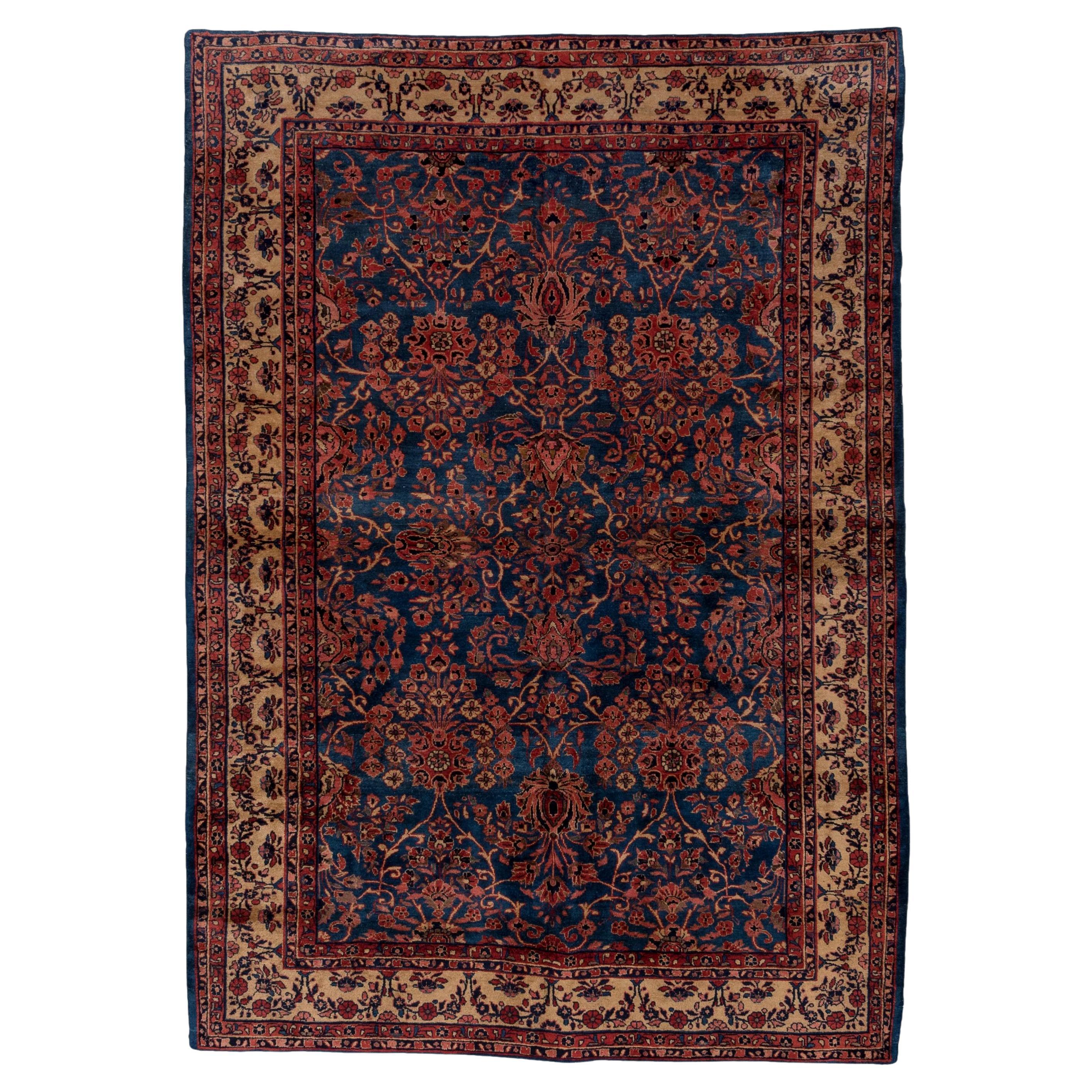 Antique Persian Sarouk Carpet, Royal Blue All-Over Field, Shiny Beige Borders