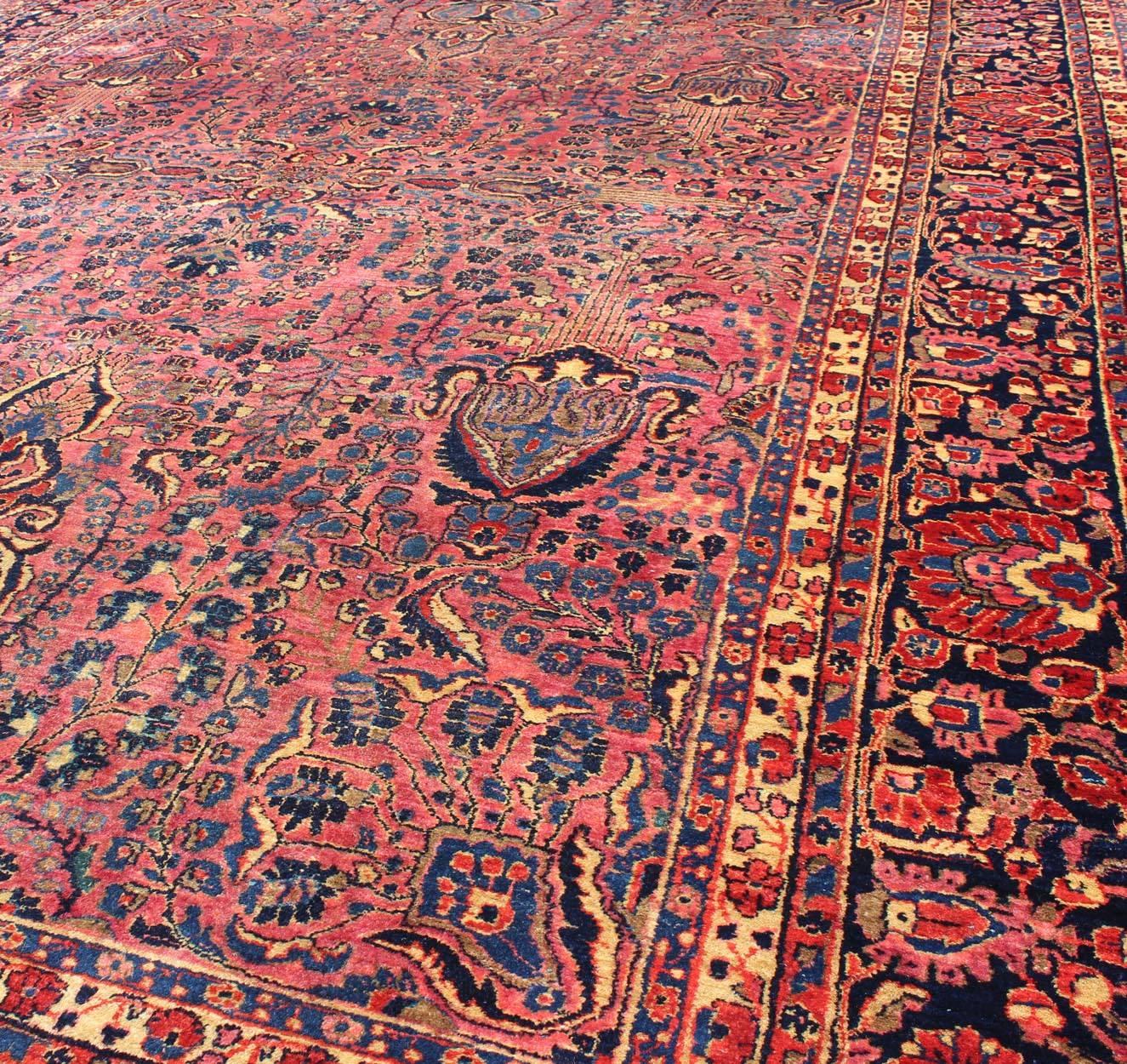 Antique Persian Sarouk Carpet with Deep Cranberry Field and Floral Elements 3