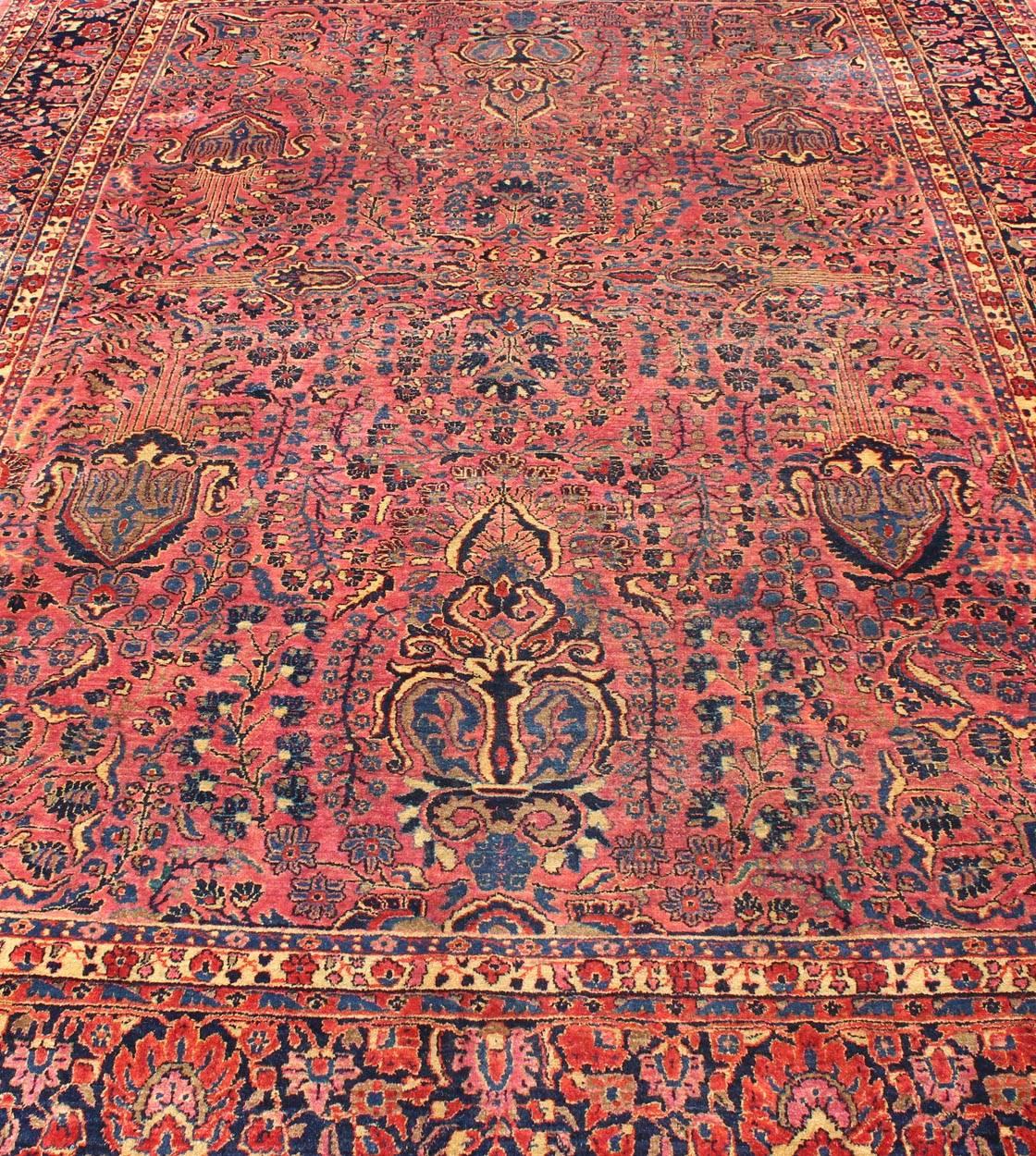 Antique Persian Sarouk Carpet with Deep Cranberry Field and Floral Elements 4