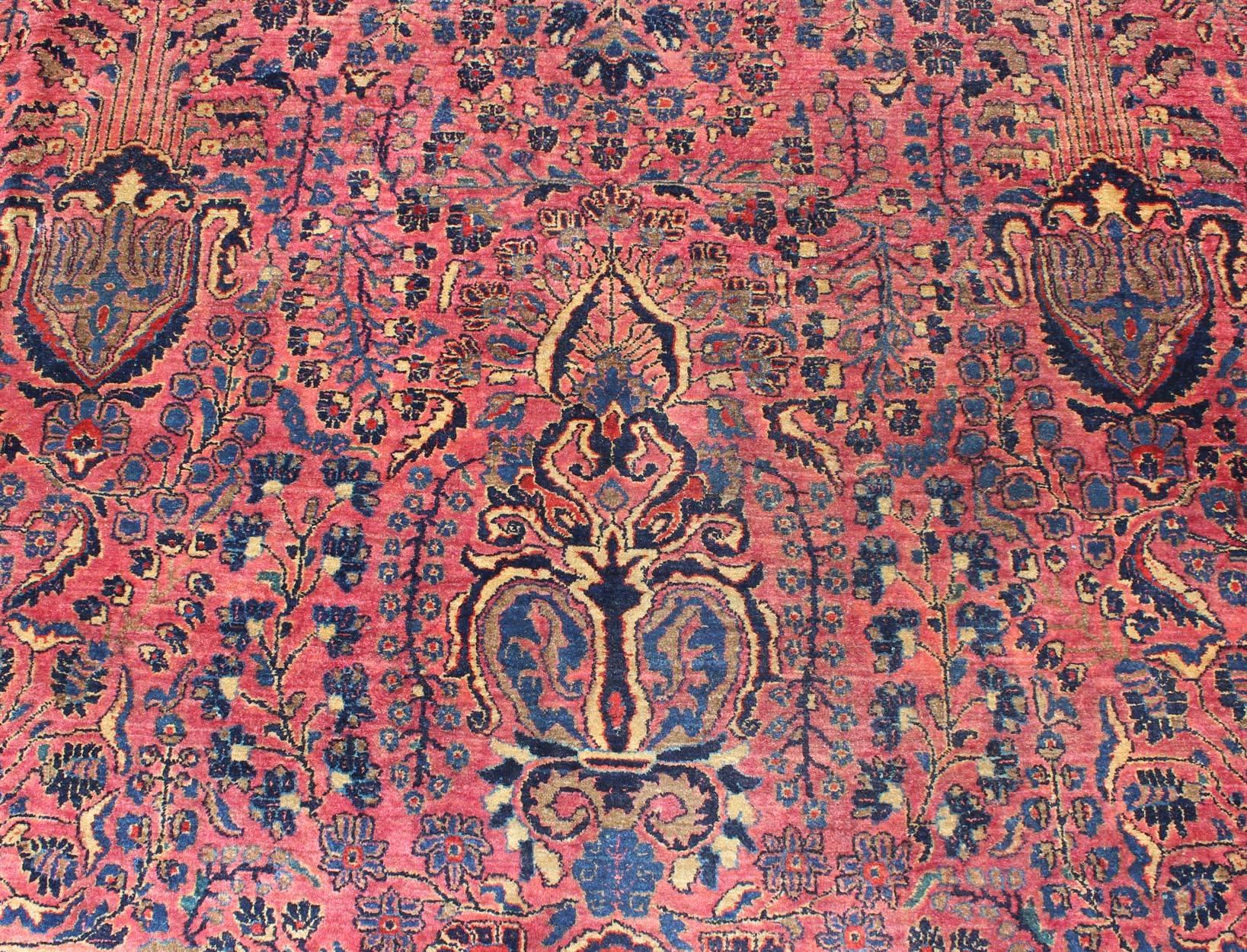 Antique Persian Sarouk Carpet with Deep Cranberry Field and Floral Elements 5