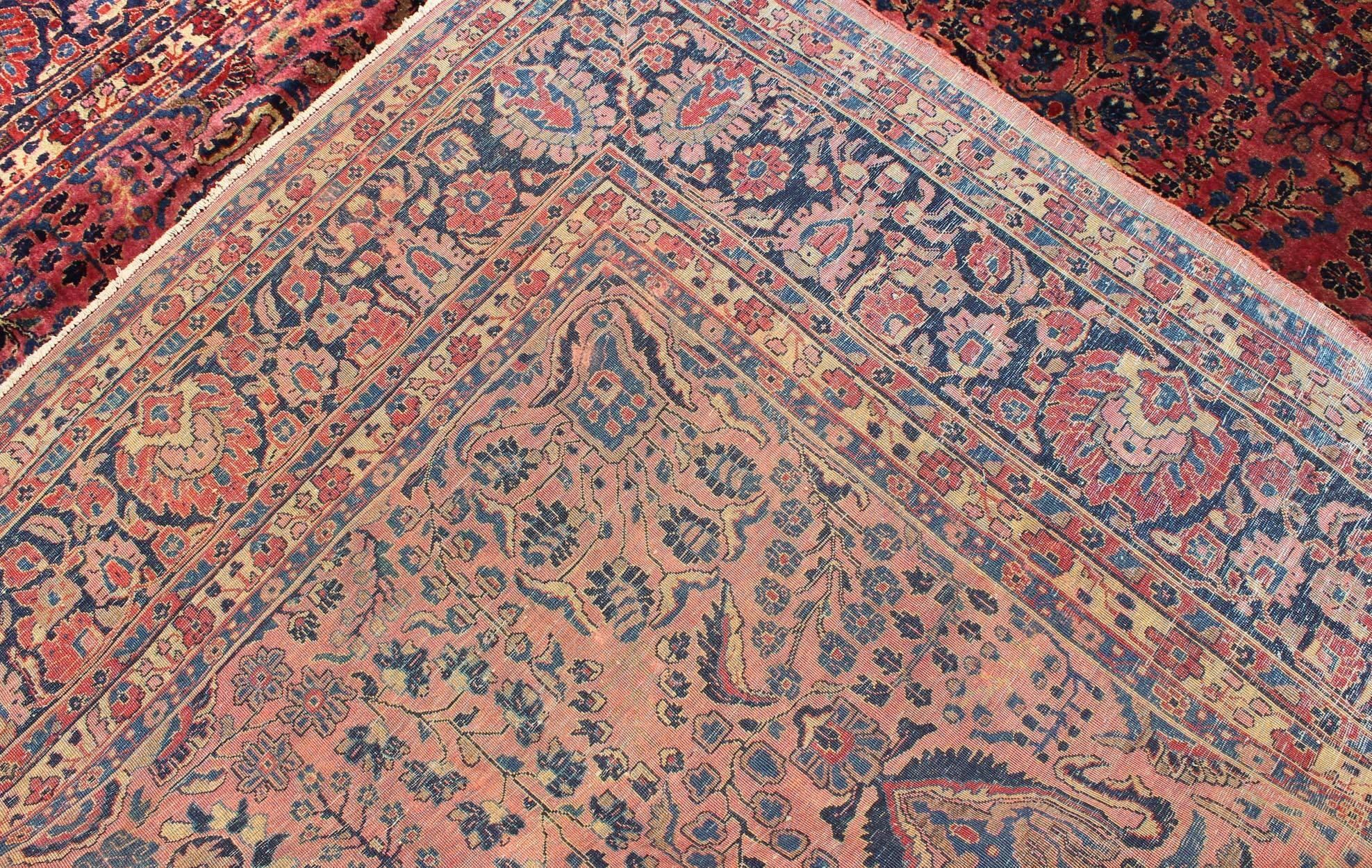 Antique Persian Sarouk Carpet with Deep Cranberry Field and Floral Elements 6
