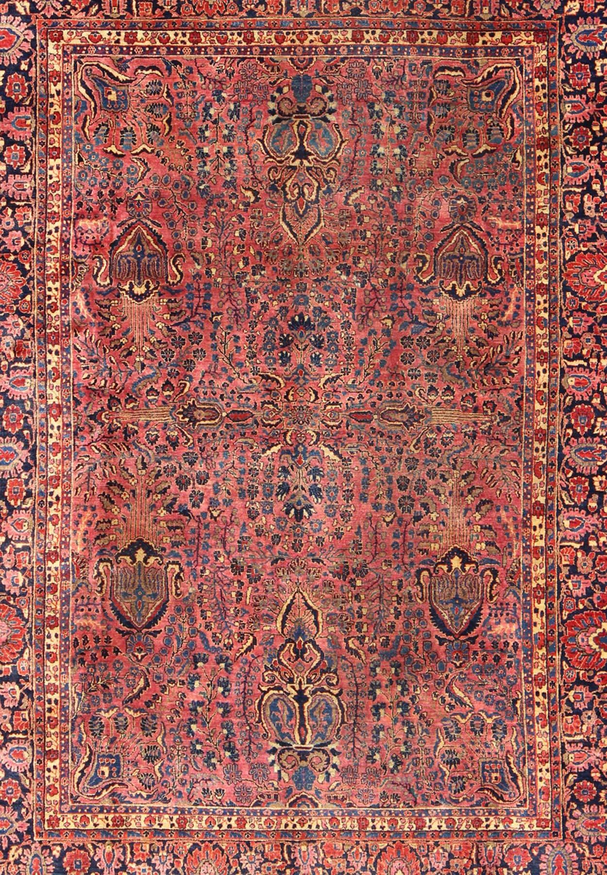 Sarouk Farahan Antique Persian Sarouk Carpet with Deep Cranberry Field and Floral Elements